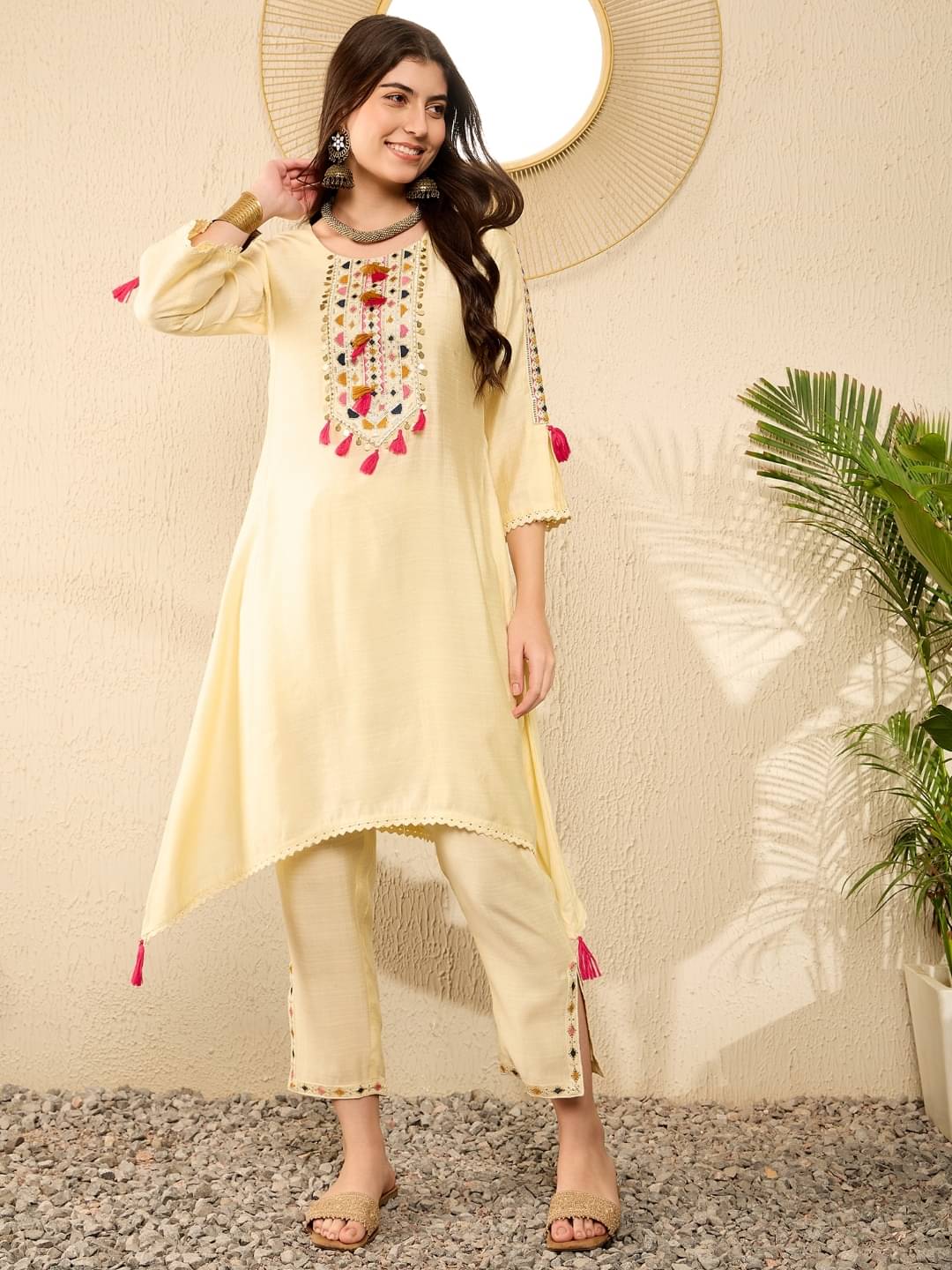 Vaamsi Viscose Embroidered Kurti With Pants Women's Stitched Salwar Suit - Yellow ( Pack of 1 ) Vaamsi Viscose Embroidered Kurti With Pants Women's Stitched Salwar Suit - Yellow ( Pack of 1 )