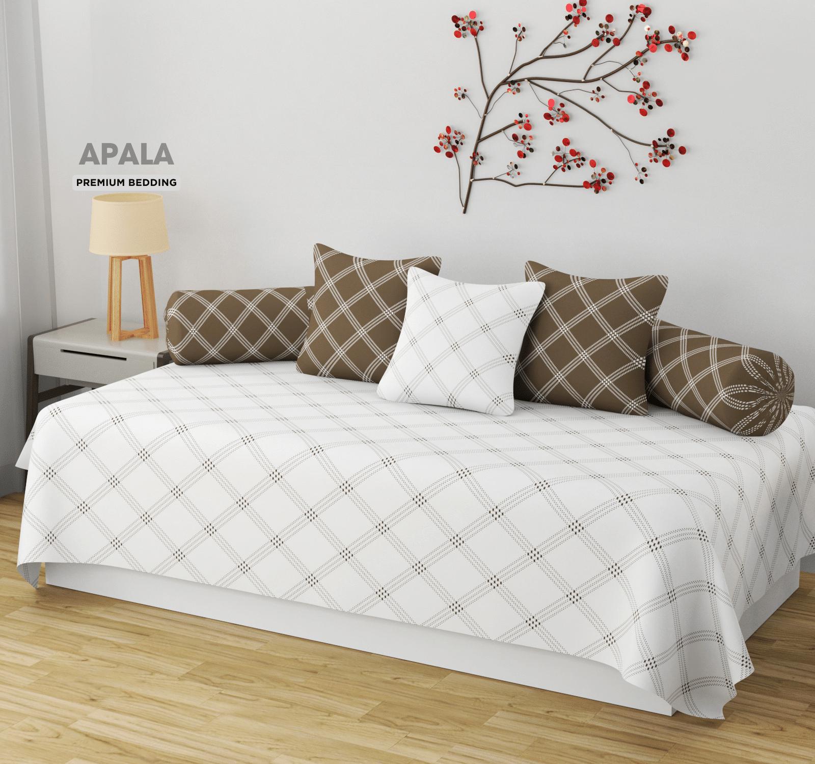     			Apala Cotton Geometric Diwan Set 6 Pcs - White