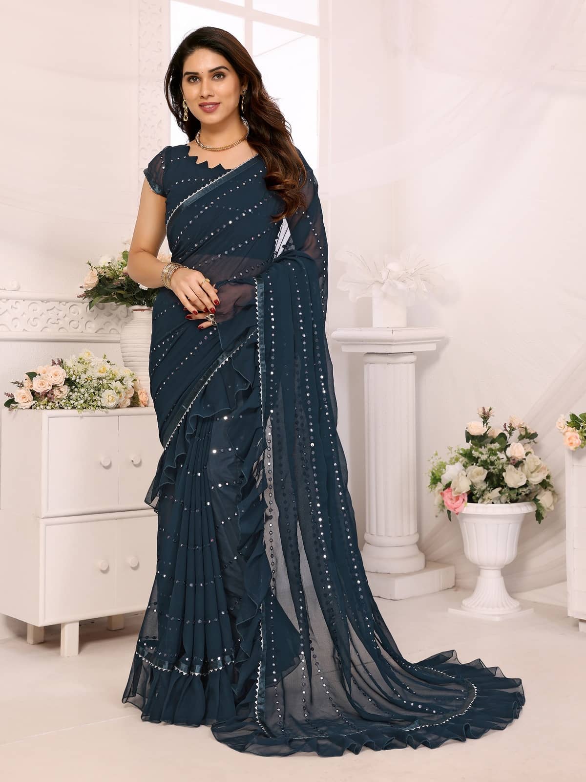 Gazal Fashions Georgette Embroidered Saree With Unstitched Blouse Piece ( Dark Grey ) - Sarees | Buy online on ZillyBuy