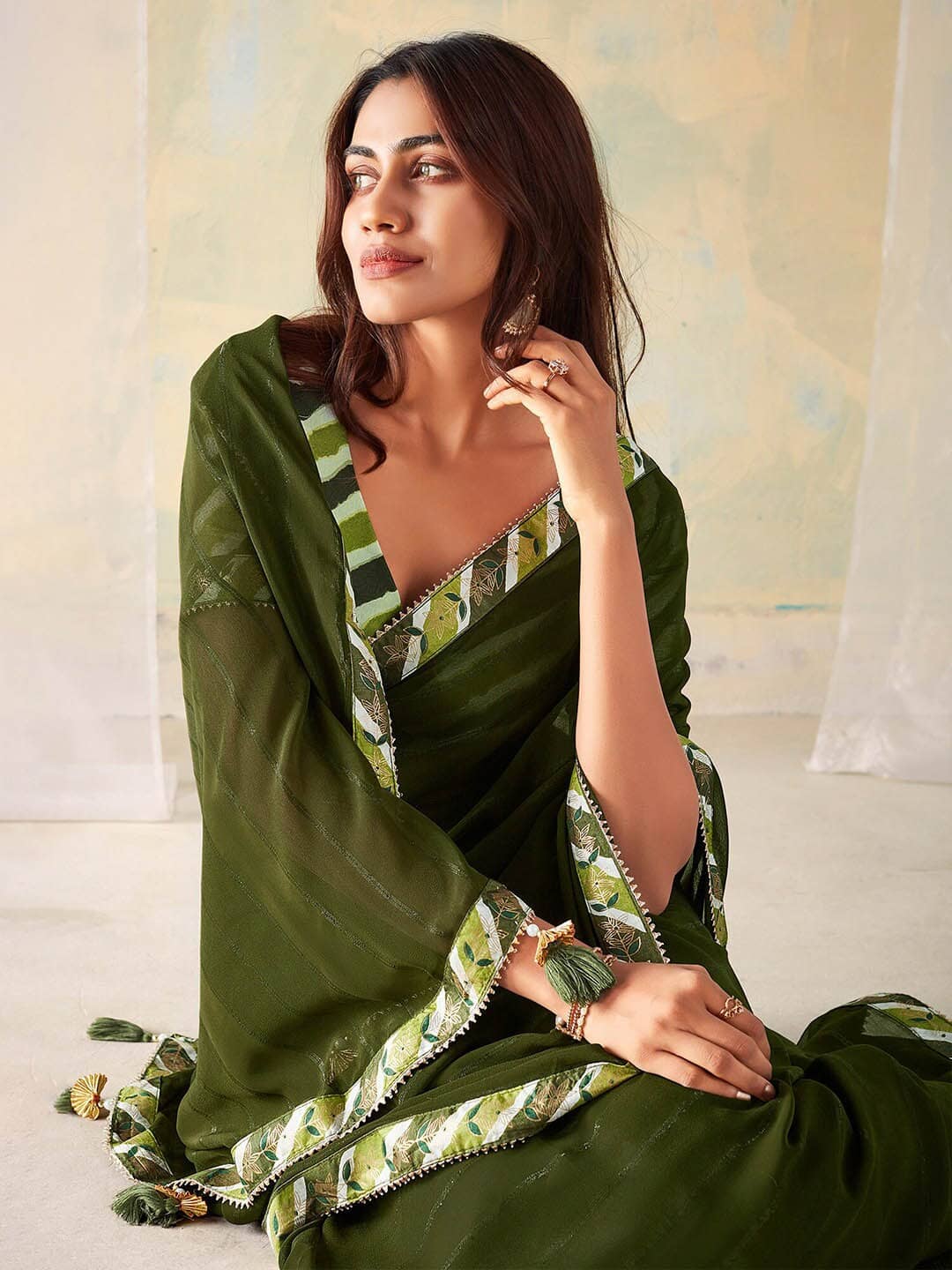 Gazal Fashions Georgette Printed Saree With Unstitched Blouse Piece ( Green ) - Sarees | Buy online on ZillyBuy
