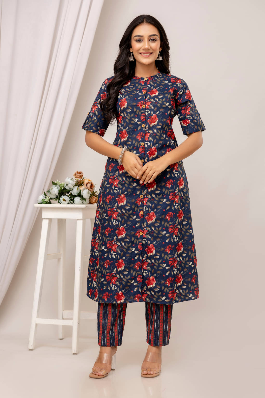 Kohsh Cotton Printed Kurti With Pants Women's Stitched Salwar Suit - Blue ( Pack of 1 ) Kohsh Cotton Printed Kurti With Pants Women's Stitched Salwar Suit - Blue ( Pack of 1 )