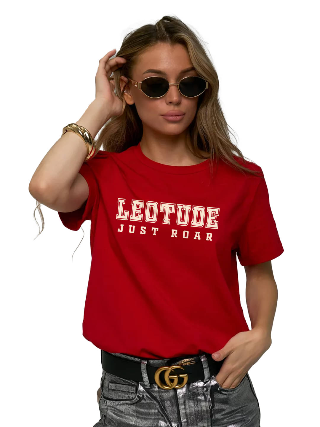     			Leotude Women Cotton Blend Printed Oversized Fit Round Neck T-Shirt ( Red )
