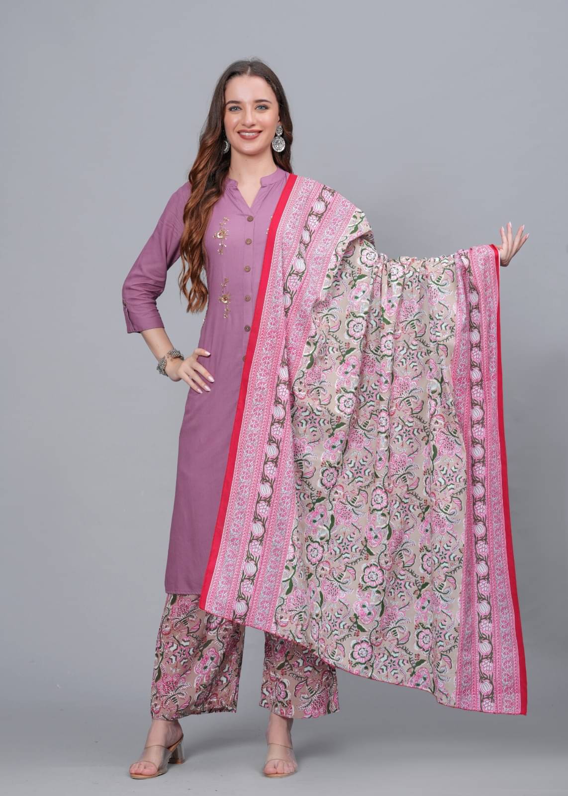 MAUKA Rayon Embellished Kurti With Palazzo Women's Stitched Salwar Suit - Purple ( Pack of 1 )     			MAUKA Rayon Embellished Kurti With Palazzo Women's Stitched Salwar Suit - Purple ( Pack of 1 )