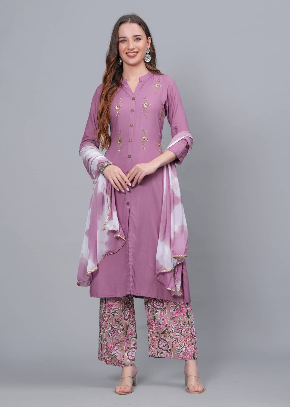 MAUKA Women Rayon Embellished Front Slit Kurti With Palazzo ( Purple )