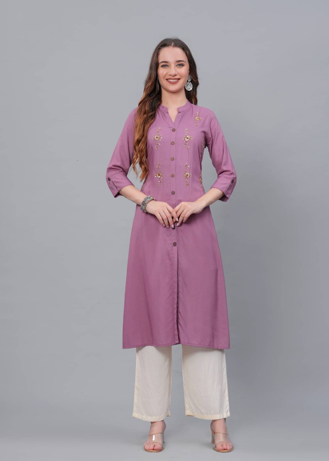 MAUKA Rayon Embellished Kurti With Palazzo Women's Stitched Salwar Suit - Purple ( Pack of 1 ) MAUKA Rayon Embellished Kurti With Palazzo Women's Stitched Salwar Suit - Purple ( Pack of 1 )