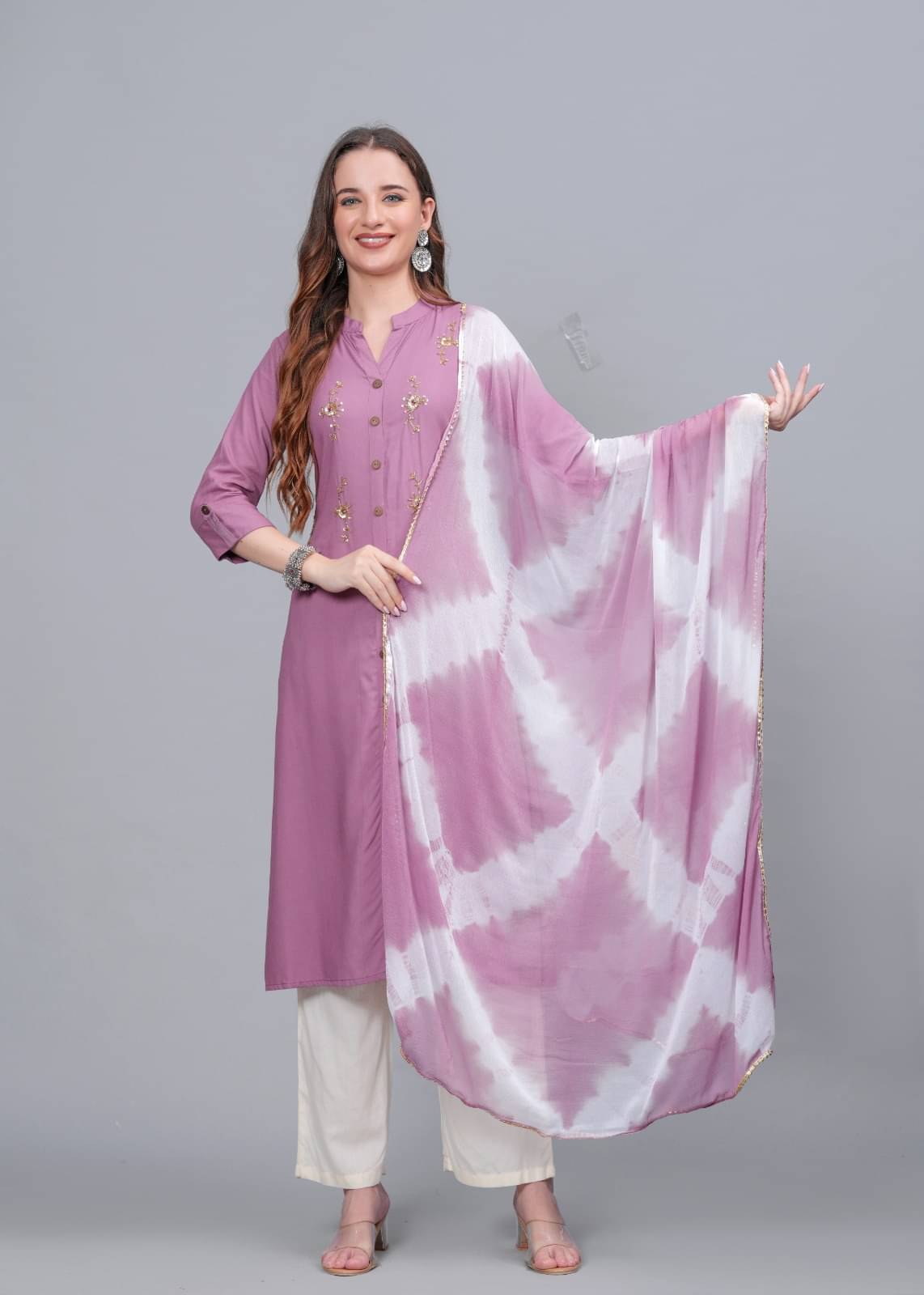 MAUKA Rayon Embellished Kurti With Palazzo Women's Stitched Salwar Suit - Purple ( Pack of 1 )     			MAUKA Rayon Embellished Kurti With Palazzo Women's Stitched Salwar Suit - Purple ( Pack of 1 )