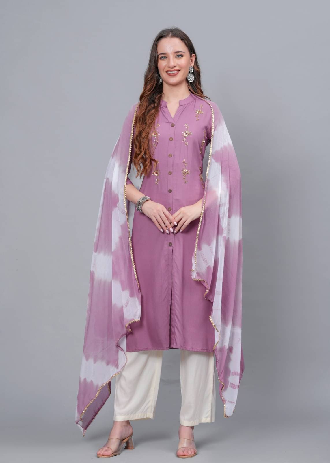     			MAUKA Rayon Embellished Kurti With Palazzo Women's Stitched Salwar Suit - Purple ( Pack of 1 )