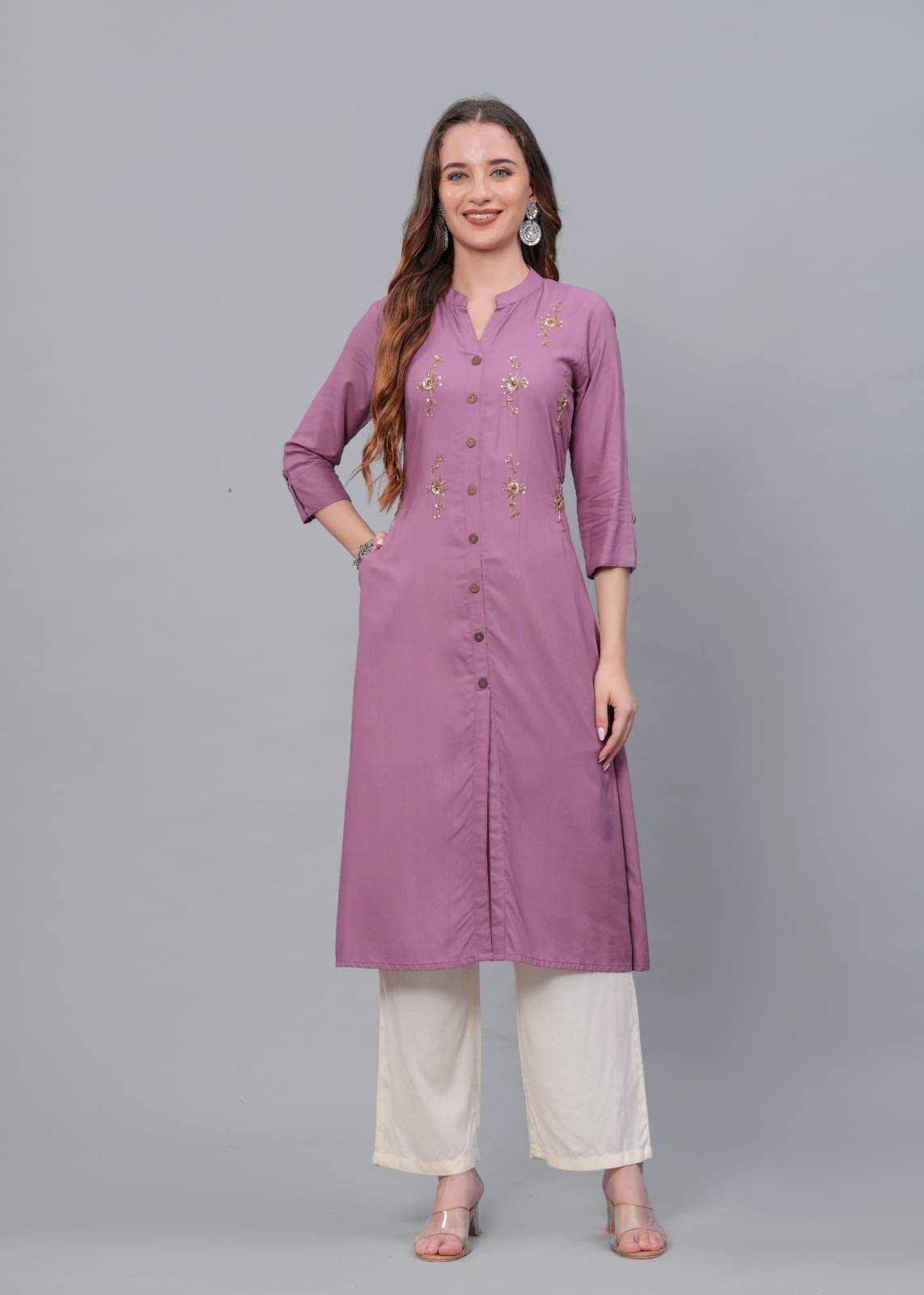     			MAUKA Rayon Embellished Kurti With Palazzo Women's Stitched Salwar Suit - Purple ( Pack of 1 )