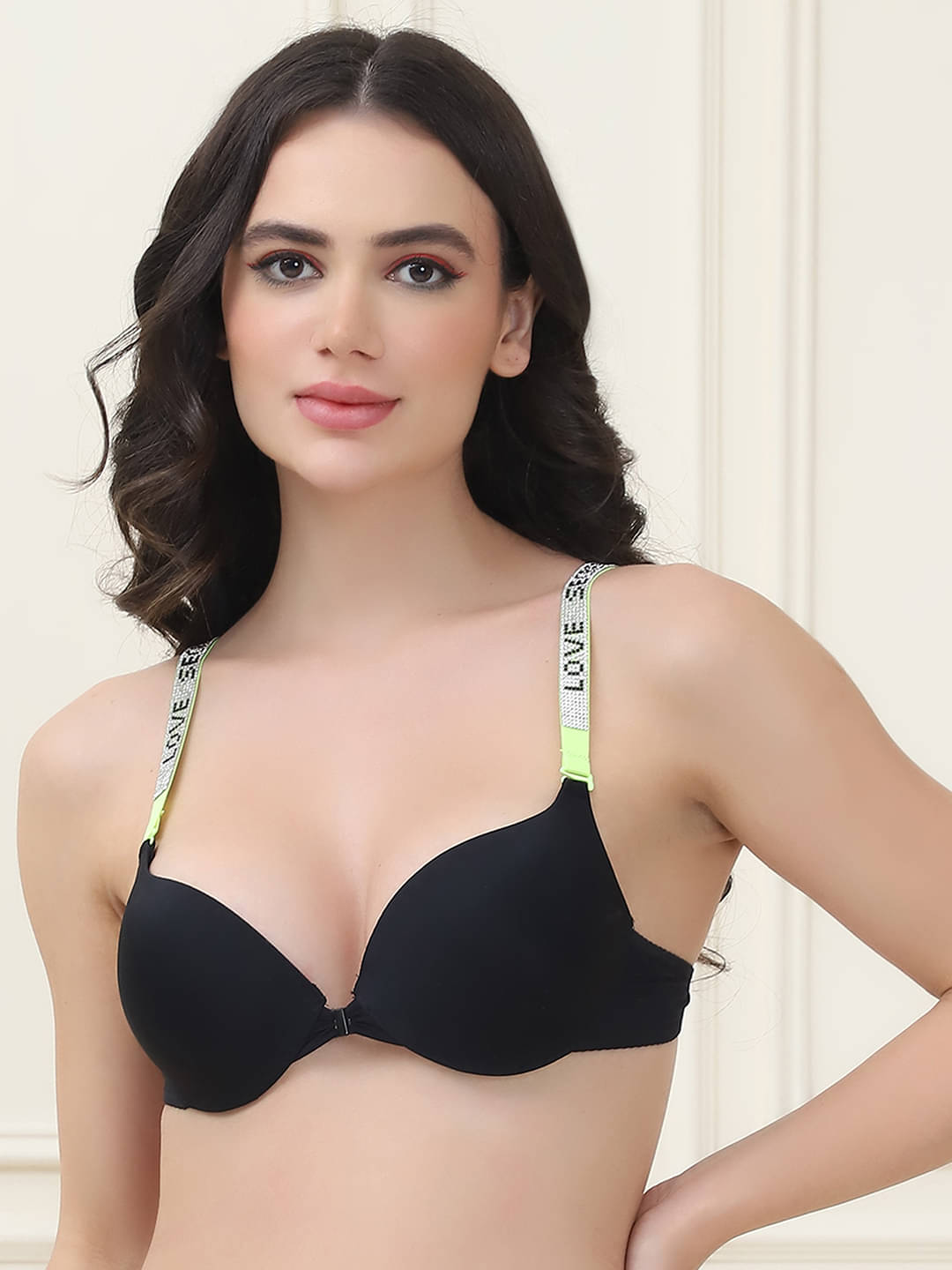 PrettyCat Polyester Lightly Padded Women's Push Up Bra ( Multicolor1 ) PC-BR-7041-FO-BLK-GRN PrettyCat Polyester Lightly Padded Women's Push Up Bra ( Multicolor1 ) PC-BR-7041-FO-BLK-GRN