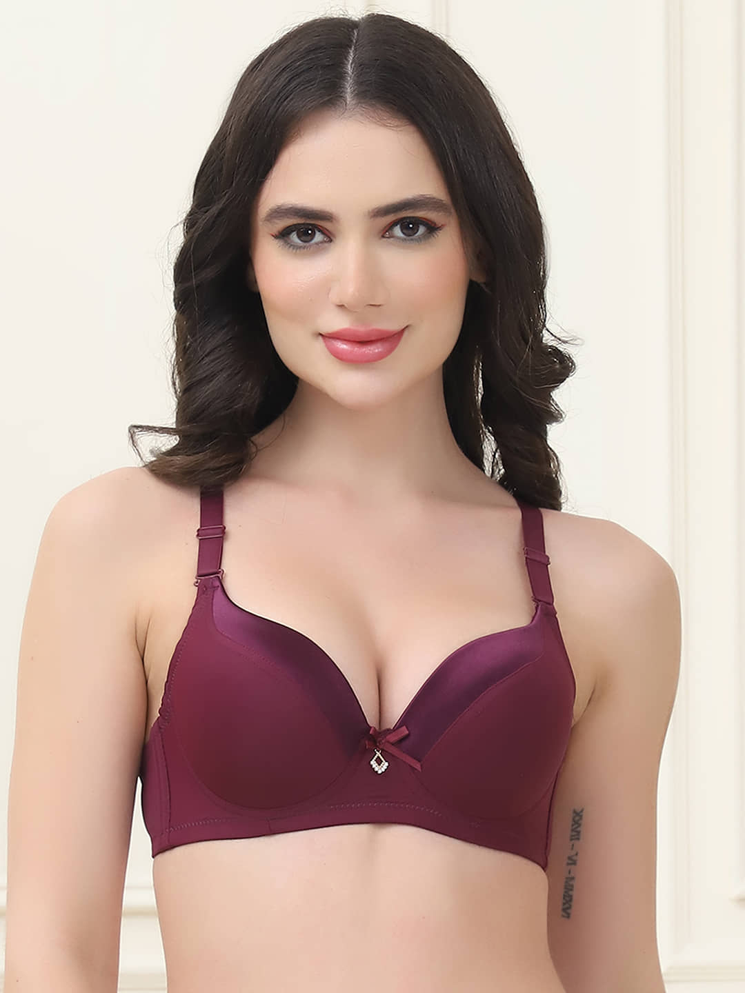 PrettyCat Pack of 1 Satin Lightly Padded Women's T-Shirt Bra ( Wine ) PC-BR-7049-WHN