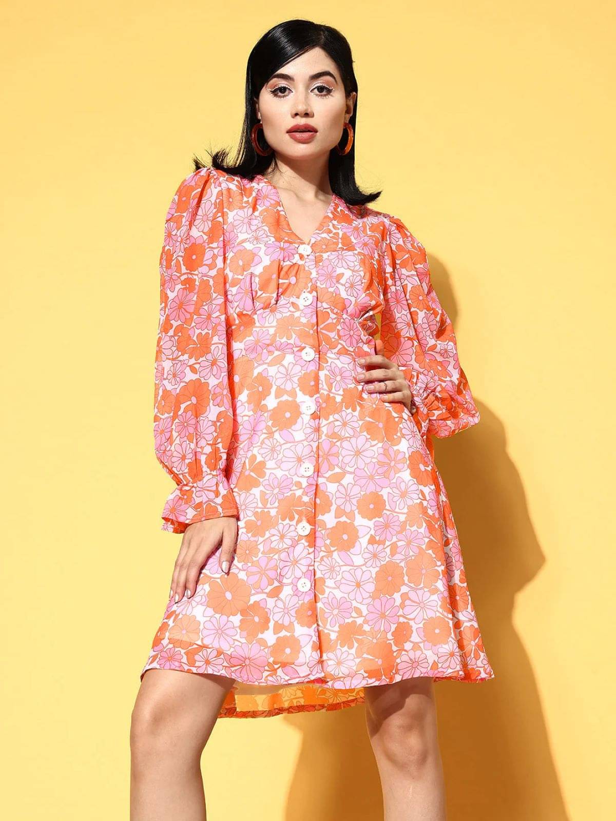 Riitih Women Georgette Printed Fit & Flare Dress ( Orange ) Riitih Women Georgette Printed Fit & Flare Dress ( Orange )