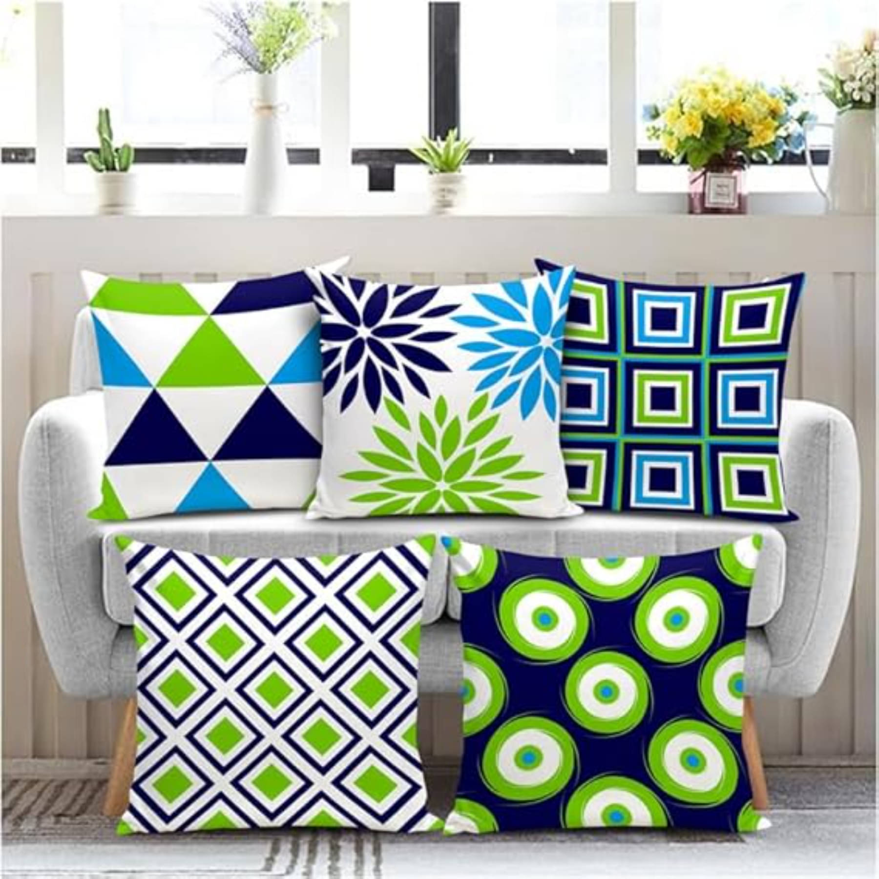 SUNTAP Set of 5 Polyester Floral Printed Square Cushion Cover (40X40)cm - Green SUNTAP Set of 5 Polyester Floral Printed Square Cushion Cover (40X40)cm - Green