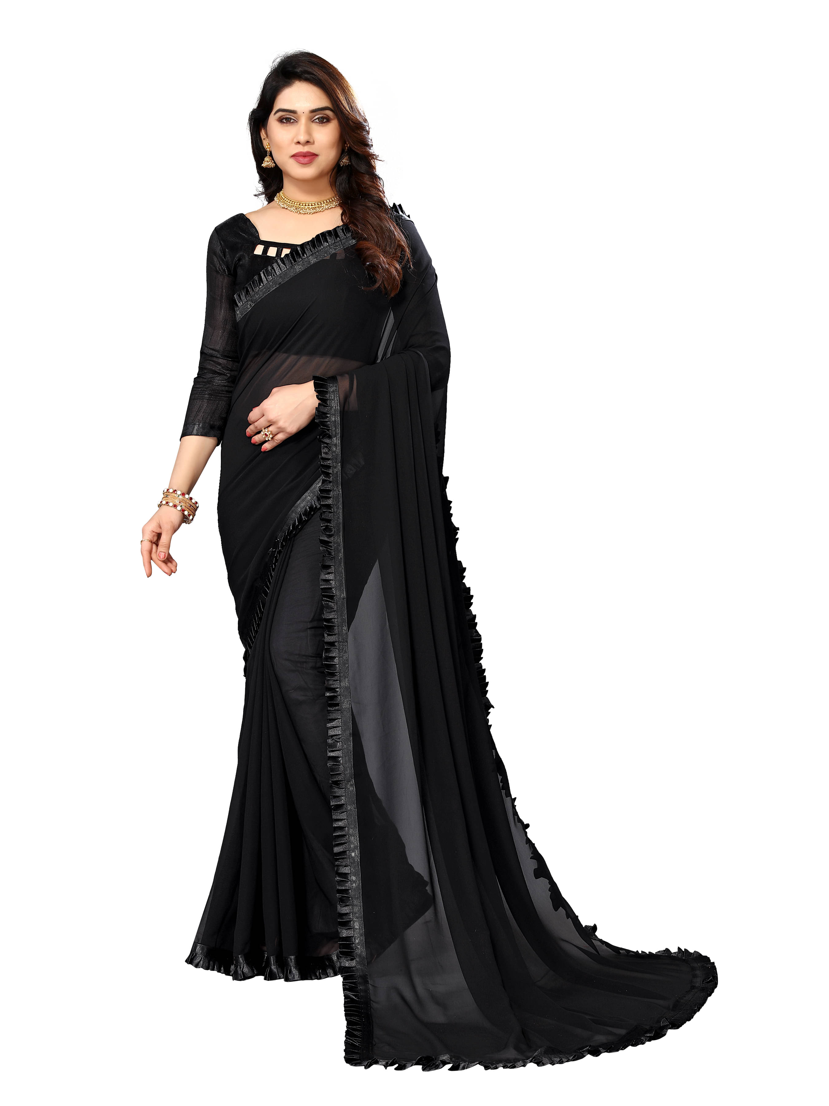     			Sidhidata Georgette Dyed Saree With Unstitched Blouse Piece ( Black )