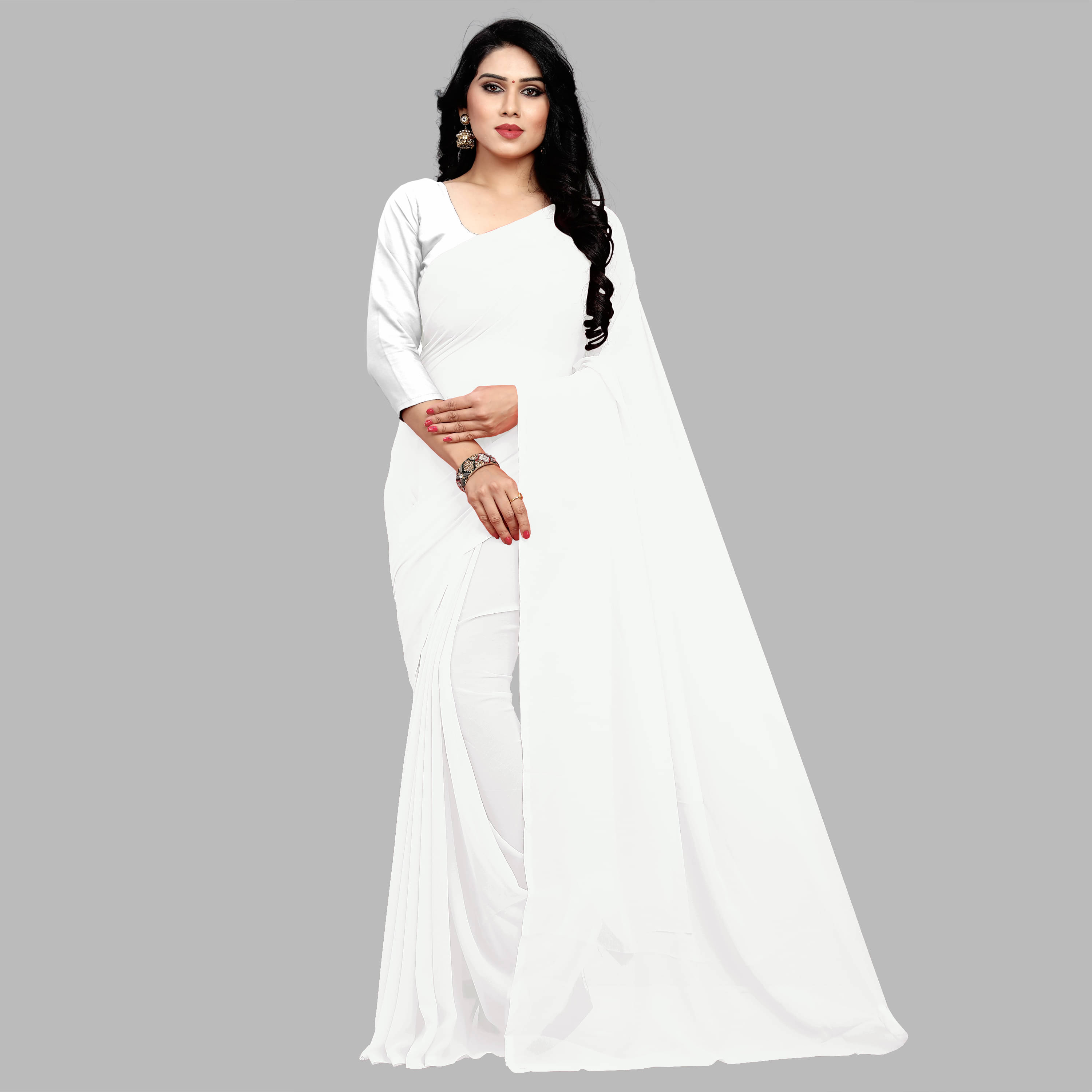 Sidhidata Georgette Solid Saree With Unstitched Blouse Piece ( White ) Sidhidata Georgette Solid Saree With Unstitched Blouse Piece ( White )