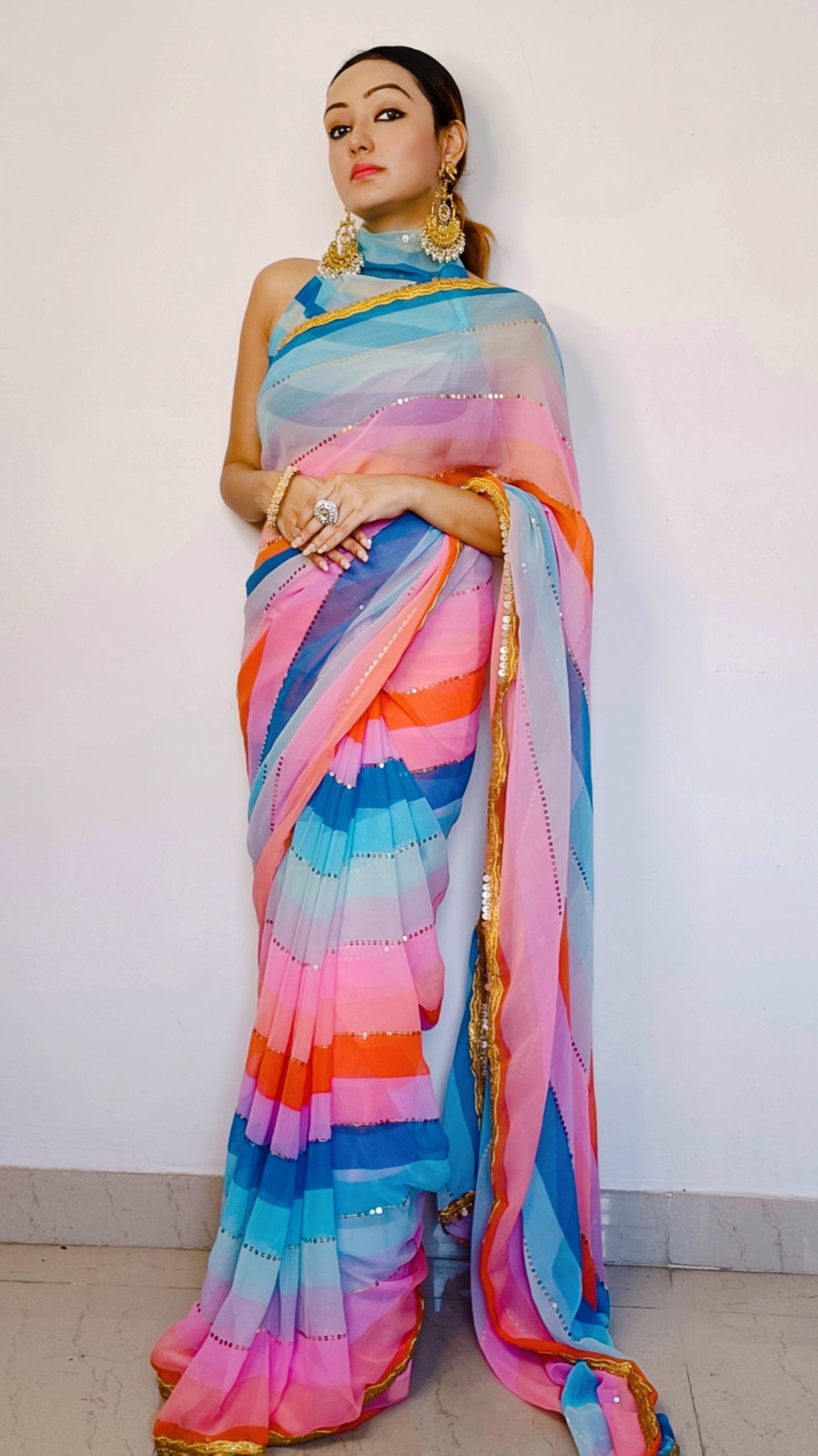 Sidhidata Georgette Striped Saree With Unstitched Blouse Piece ( Multicolor ) Sidhidata Georgette Striped Saree With Unstitched Blouse Piece ( Multicolor )