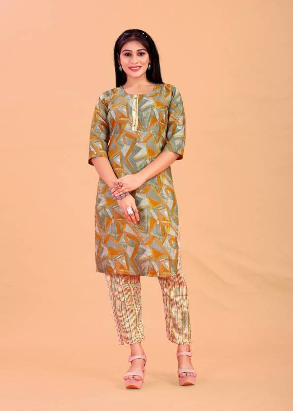    			THE PRIVATE LABLE Cotton Printed Kurti With Pants Women's Stitched Salwar Suit - Mustard ( Pack of 1 )