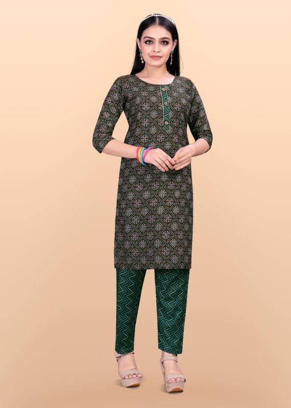     			THE PRIVATE LABLE Cotton Printed Kurti With Pants Women's Stitched Salwar Suit - Green ( Pack of 1 )