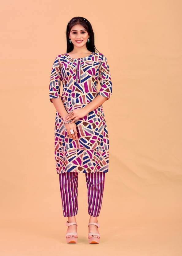     			THE PRIVATE LABLE Cotton Printed Kurti With Pants Women's Stitched Salwar Suit - Purple ( Pack of 1 )