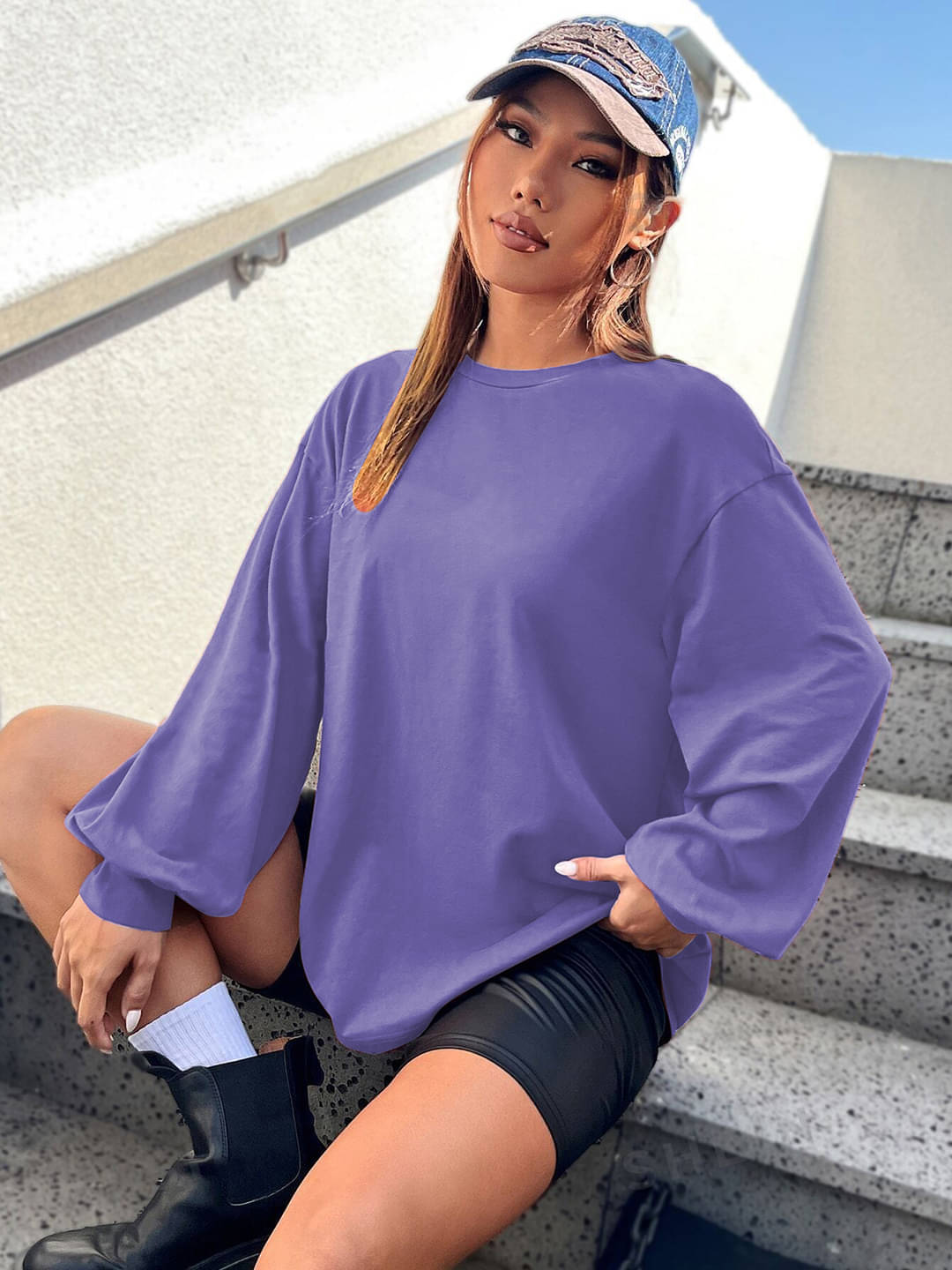     			Chkokko Women Cotton Blend Solid Oversized Fit Round Neck T-Shirt ( Purple )