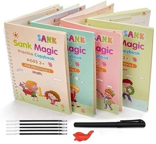     			FREEDY Magic Book for Kids, Sank Magic Practice Copybook, (4 Book+10 Refill+1 Pen+1 Grip) Number Tracing Book for Pre-Schoolers with Pen, Magic Calligraphy Copybook Set Writing Tool for Kids