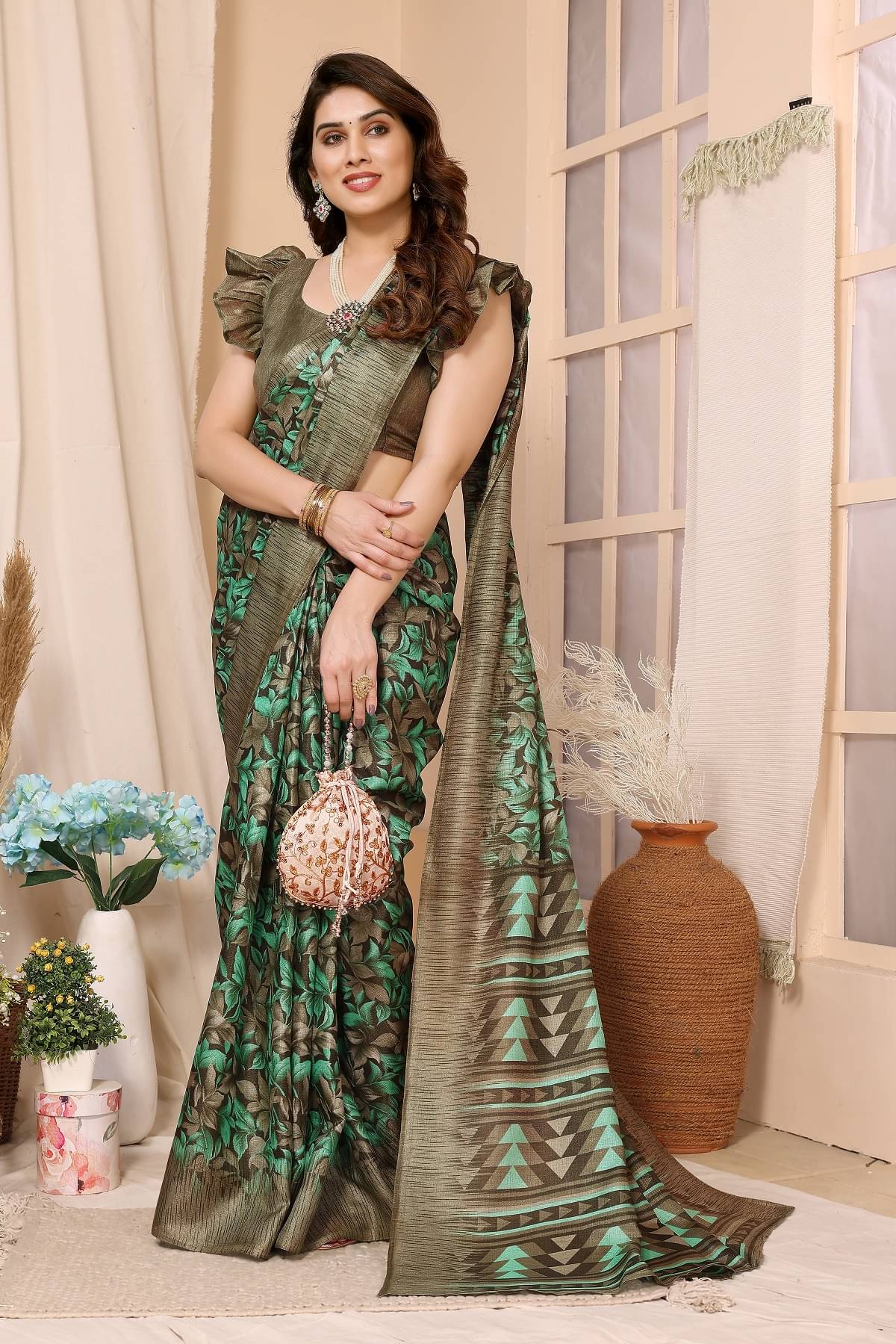     			Gazal Fashions Cotton Printed Saree With Unstitched Blouse Piece ( Green )