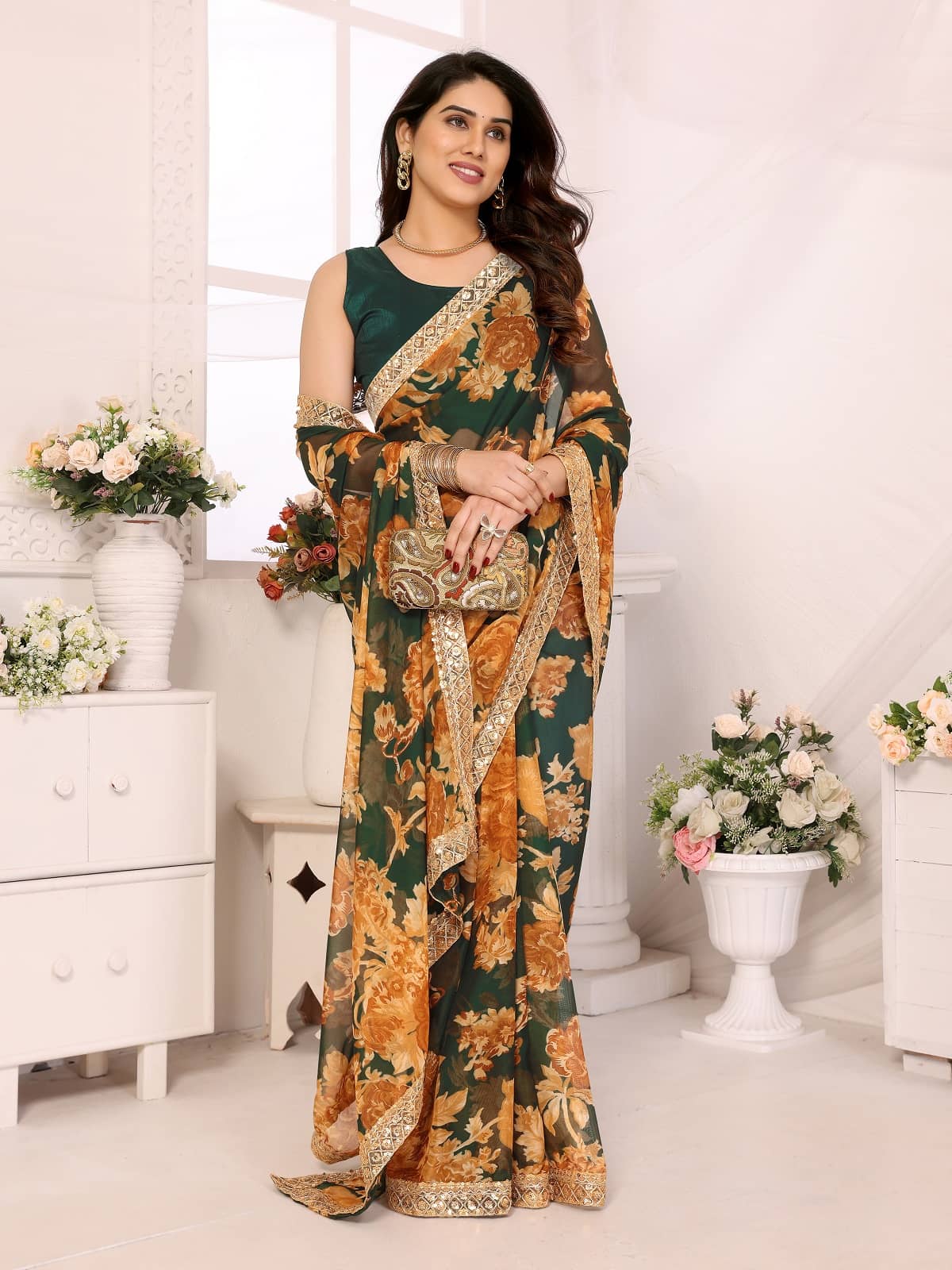 Gazal Fashions Organza Printed Saree With Unstitched Blouse Piece ( Multicolor1 ) - Sarees | Buy online on ZillyBuy