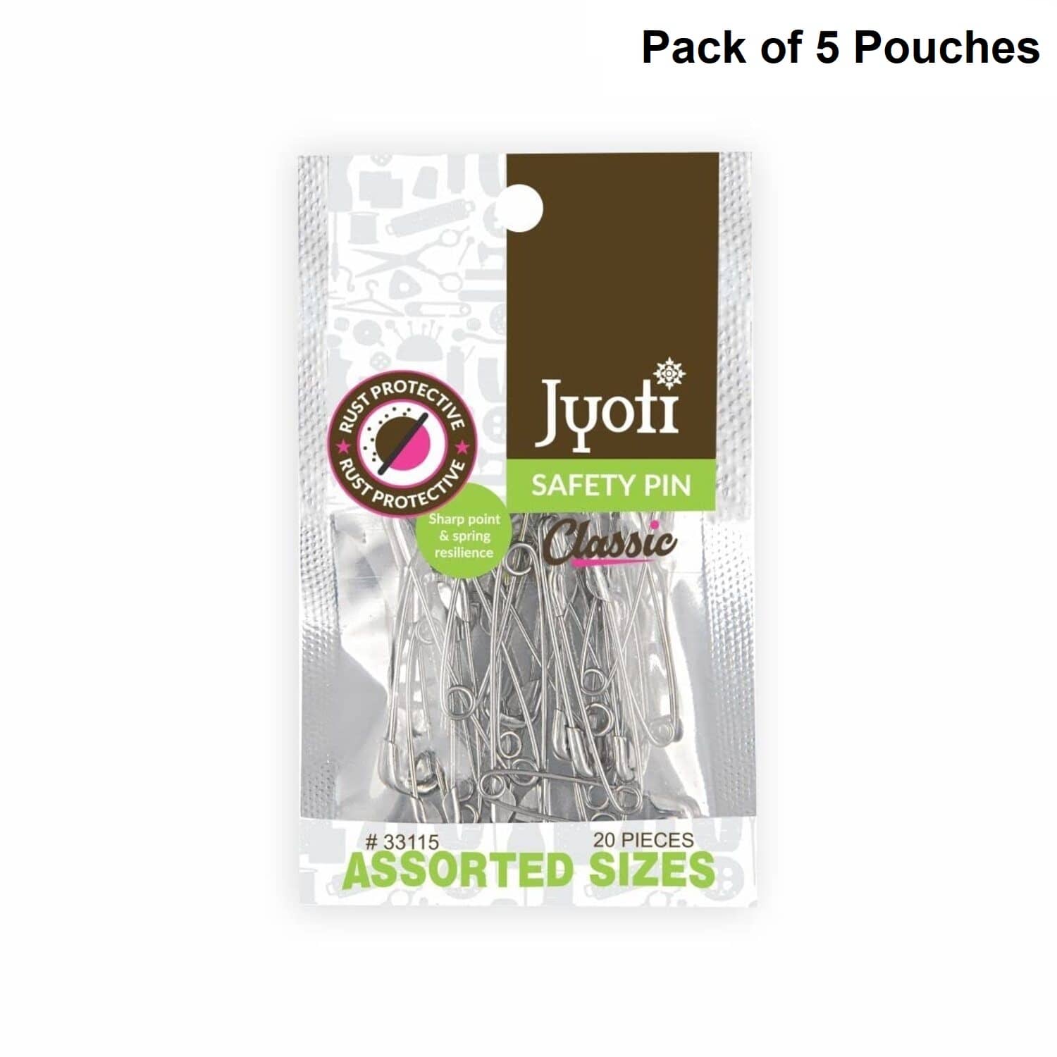 Jyoti 33115 Safety Pins - Classic, Strong Nickel Plated Steel, Rust Resistant, Heavy Duty Variety Pack, Perfect for Clothes, Crafts, Sewing, (20 Assorted Pins in a Pouch) Sizes 0, 1 & 2 - Pack of 5 - Stationery | Buy online on ZillyBuy