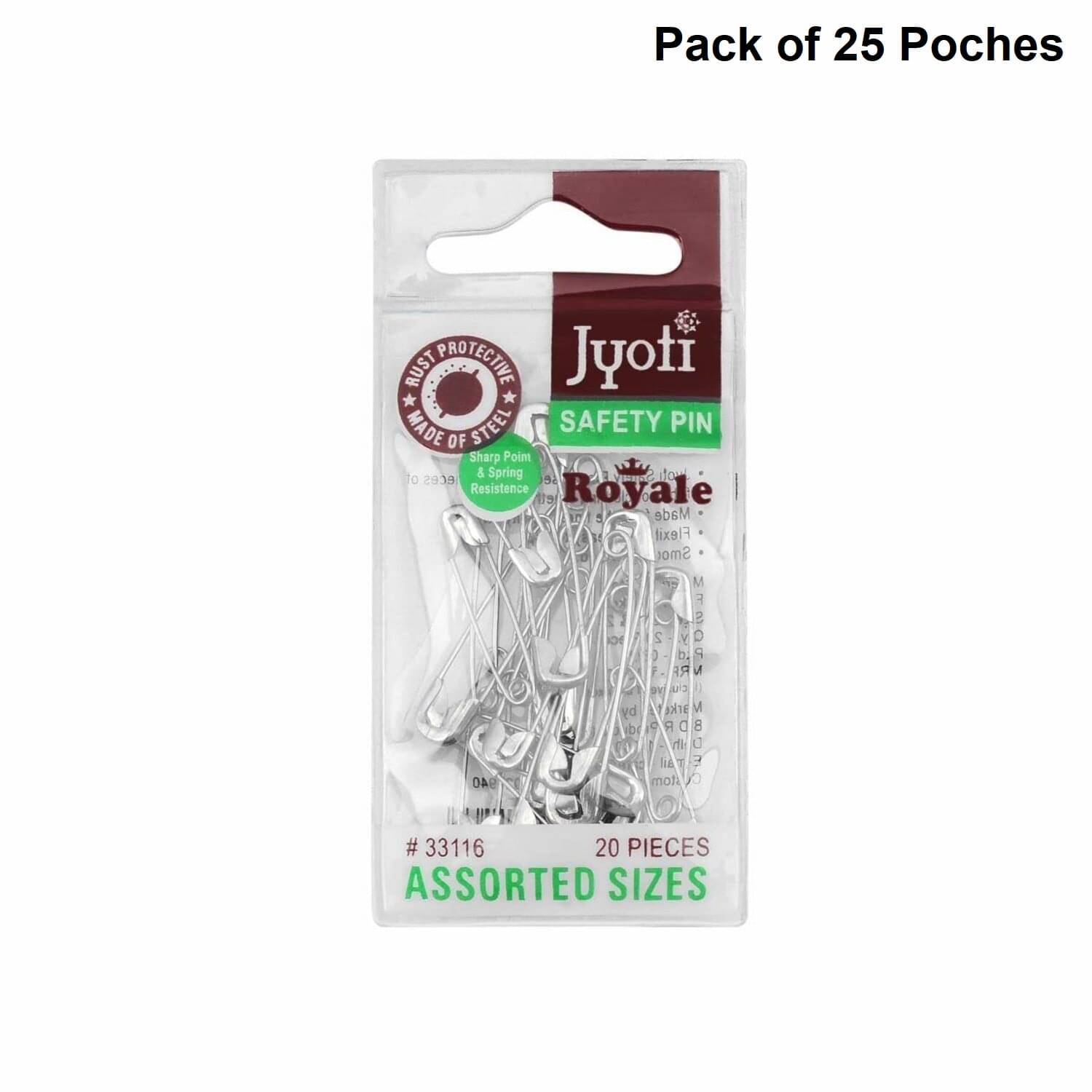     			Jyoti 33116 Safety Pins - Royale, Strong Nickel Plated Steel, Rust Resistant, Heavy Duty Variety Pack, Perfect for Clothes, Crafts, Sewing, (20 Assorted Pins in a Pouch) Sizes 0, 1 & 2 - Pack of 25
