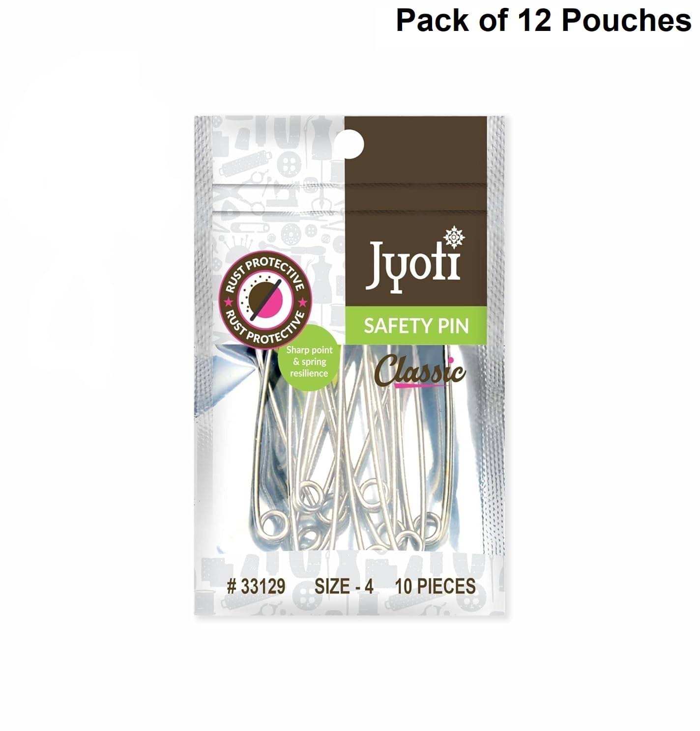     			Jyoti 33129 Safety Pins - Classic, Strong Nickel Plated Steel, Rust Resistant, Heavy Duty Variety Pack, Perfect for Clothes, Crafts, Sewing, Pinning (10 Pins of Size 4 / 55mm in a Pouch) - Pack of 12