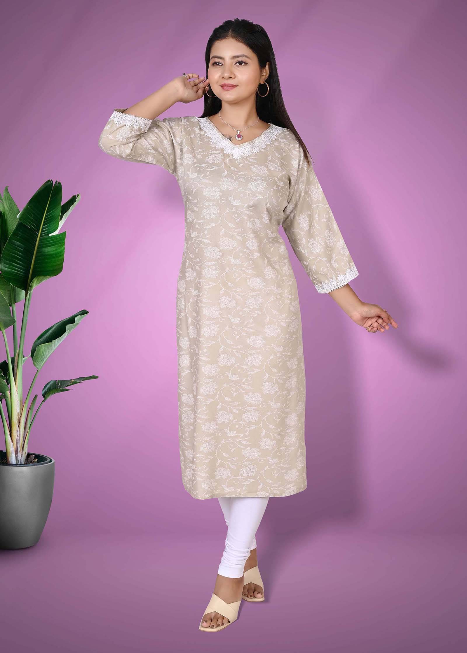     			LENYRUIZ- Fashion Rayon Printed A-line Women's Kurti - Beige ( Pack of 1 )