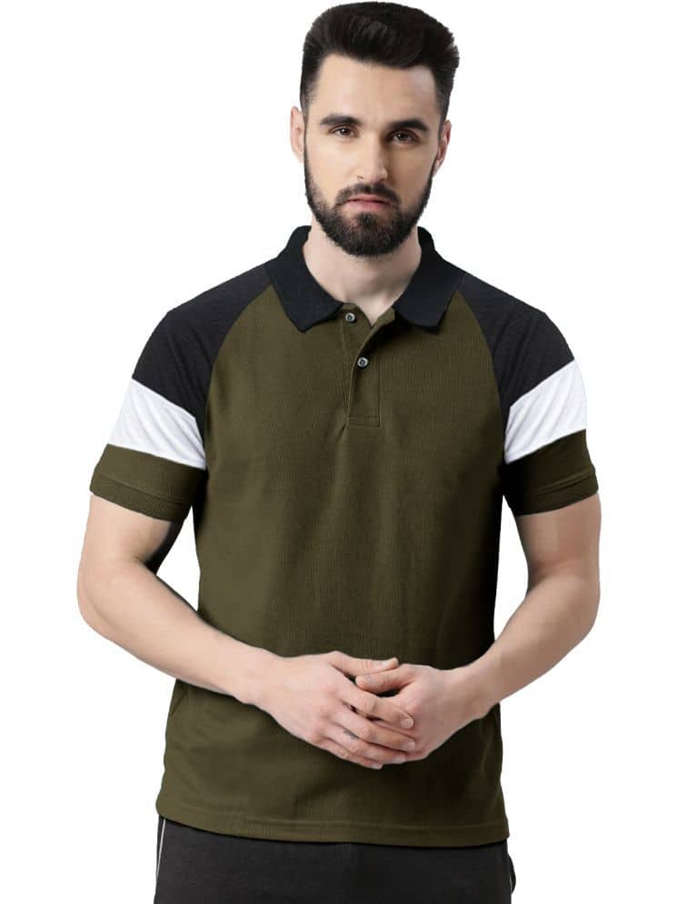 Leotude Pack of 1 Cotton Blend Regular Fit Colorblock Half Sleeves Men's Polo T Shirt ( Olive )