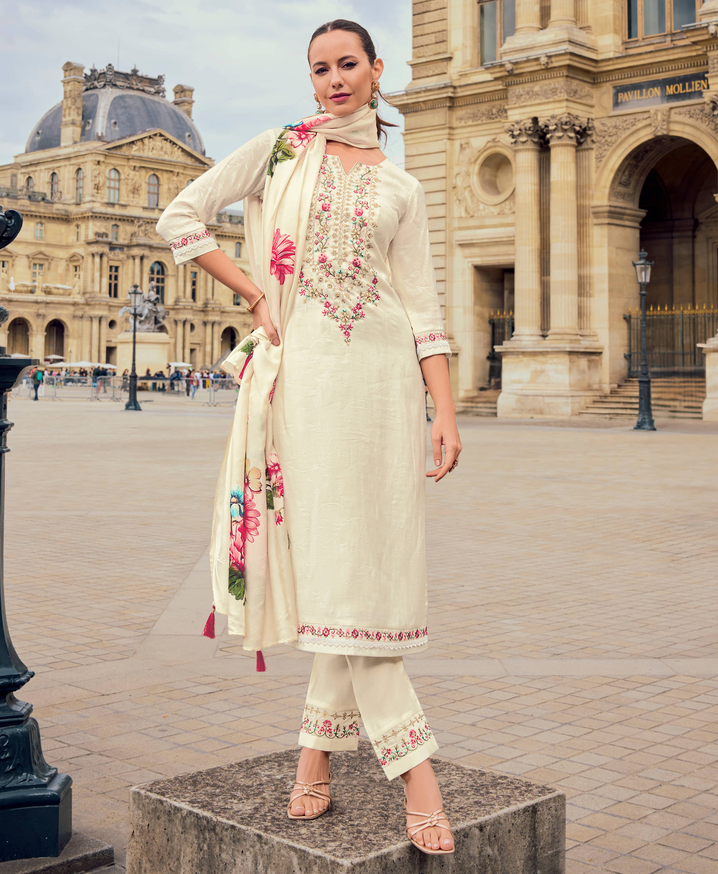     			MOJILAA Viscose Embroidered Kurti With Pants Women's Stitched Salwar Suit - Off White ( Pack of 1 )