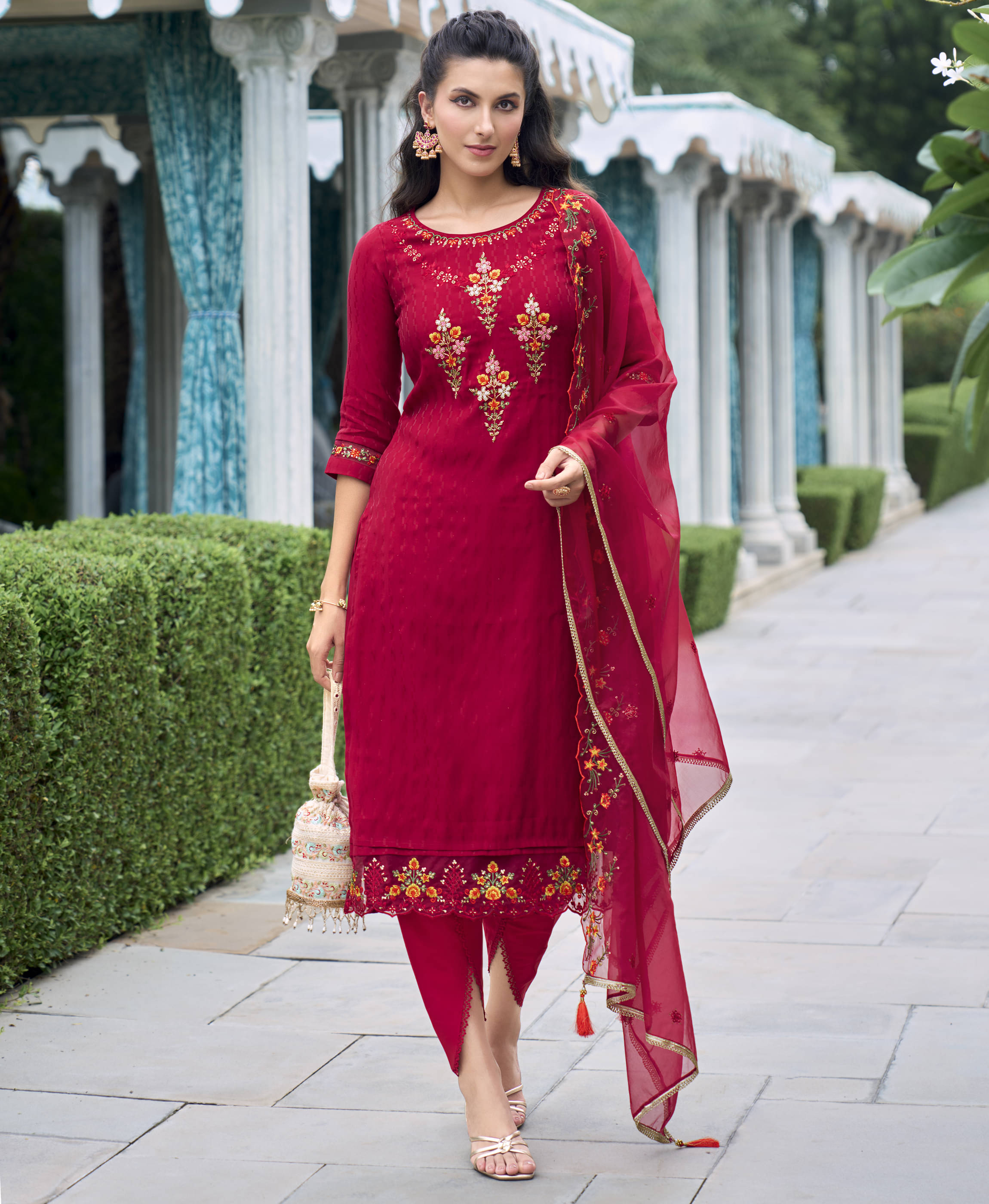 MOJILAA Viscose Embroidered Kurti With Dhoti Pants Women's Stitched Salwar Suit - Maroon ( Pack of 1 ) MOJILAA Viscose Embroidered Kurti With Dhoti Pants Women's Stitched Salwar Suit - Maroon ( Pack of 1 )