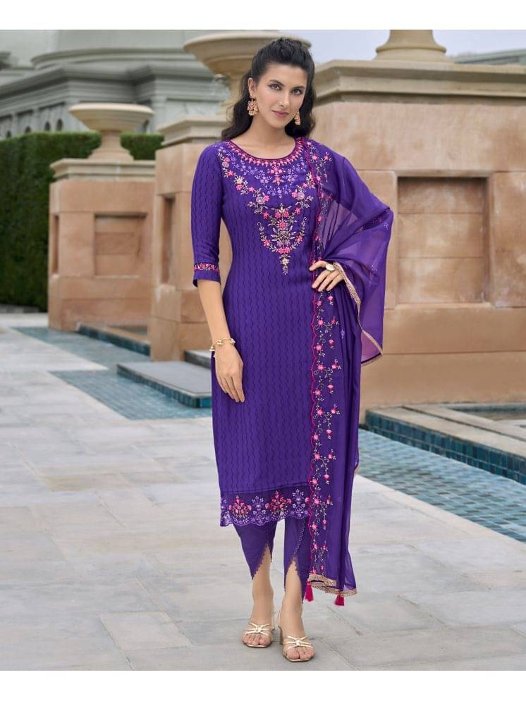MOJILAA Viscose Embroidered Kurti With Dhoti Pants Women's Stitched Salwar Suit - Purple ( Pack of 1 ) MOJILAA Viscose Embroidered Kurti With Dhoti Pants Women's Stitched Salwar Suit - Purple ( Pack of 1 )