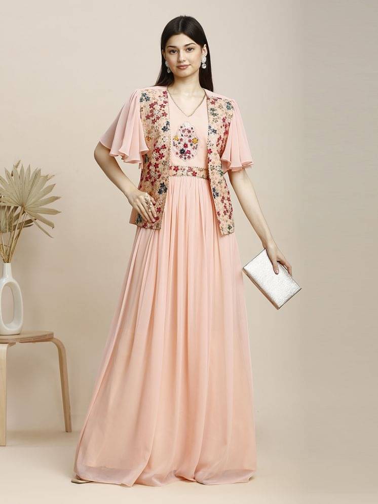Madhuram Textiles Peach Flared Georgette Women's Stitched Ethnic Gown ( Pack of 1 ) Madhuram Textiles Peach Flared Georgette Women's Stitched Ethnic Gown ( Pack of 1 )