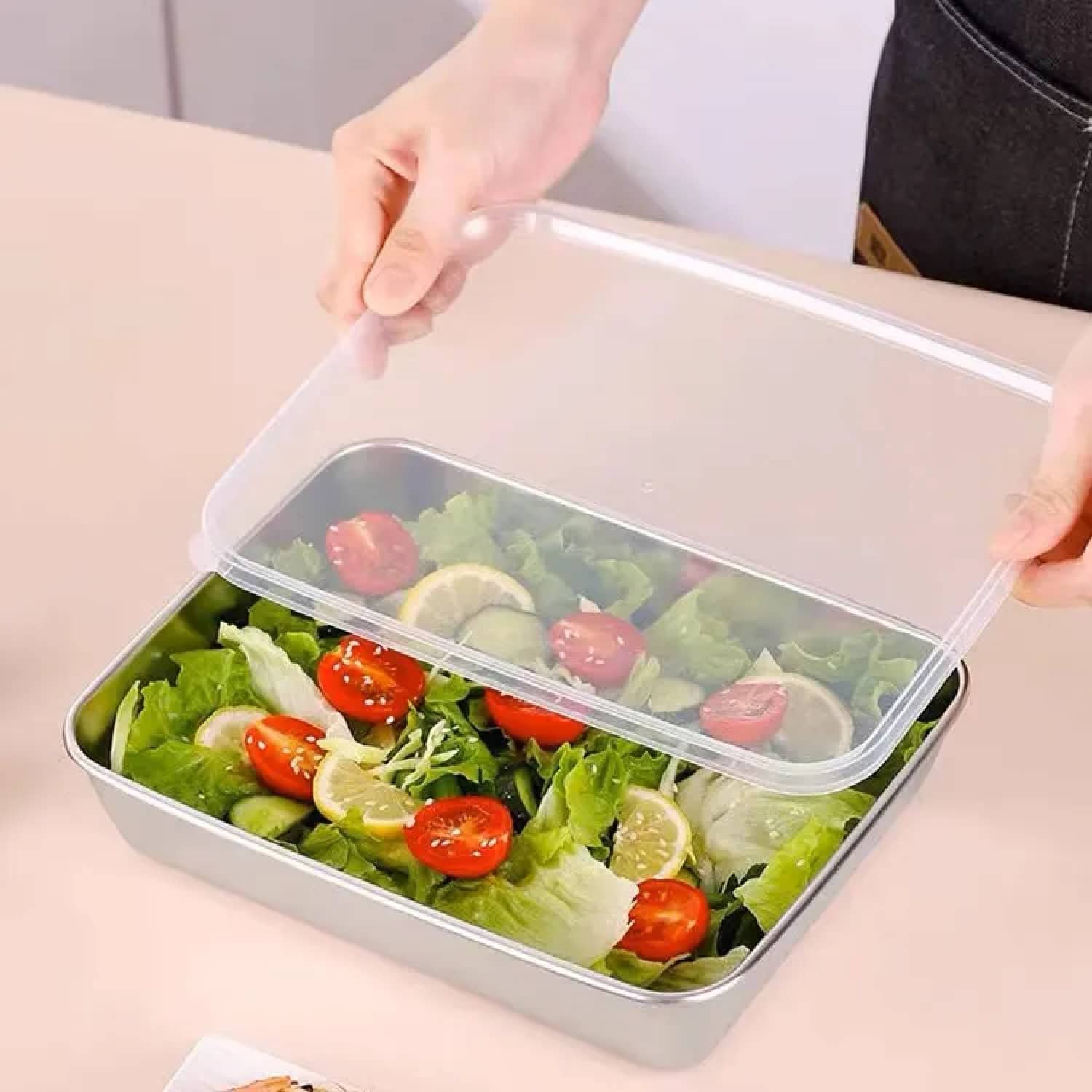 SHARUJA Fridge Storage Box Steel Silver Food Container ( Set of 1 )