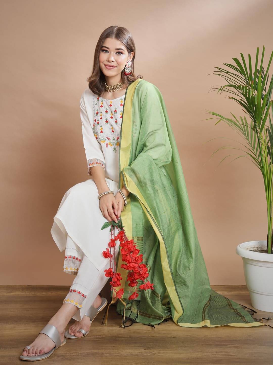 VredeVogel Cotton Blend Embroidered Kurti With Pants Women's Stitched Salwar Suit - White ( Pack of 1 ) VredeVogel Cotton Blend Embroidered Kurti With Pants Women's Stitched Salwar Suit - White ( Pack of 1 )