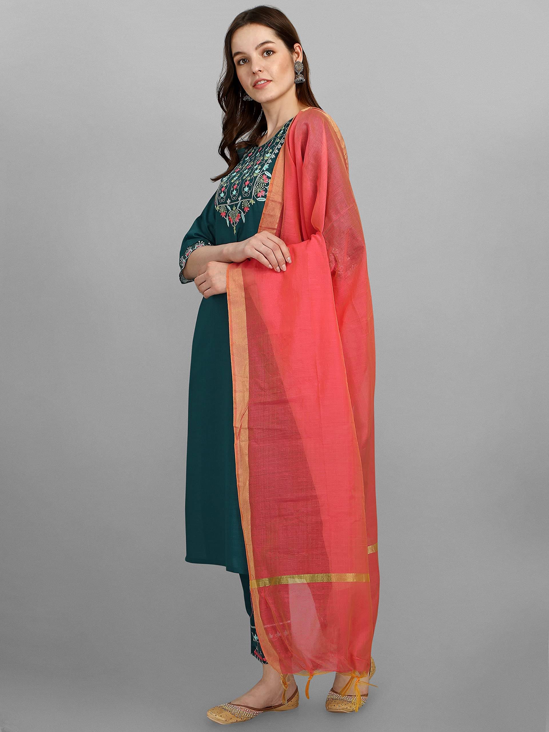     			VredeVogel Cotton Blend Embroidered Kurti With Pants Women's Stitched Salwar Suit - Teal ( Pack of 1 )