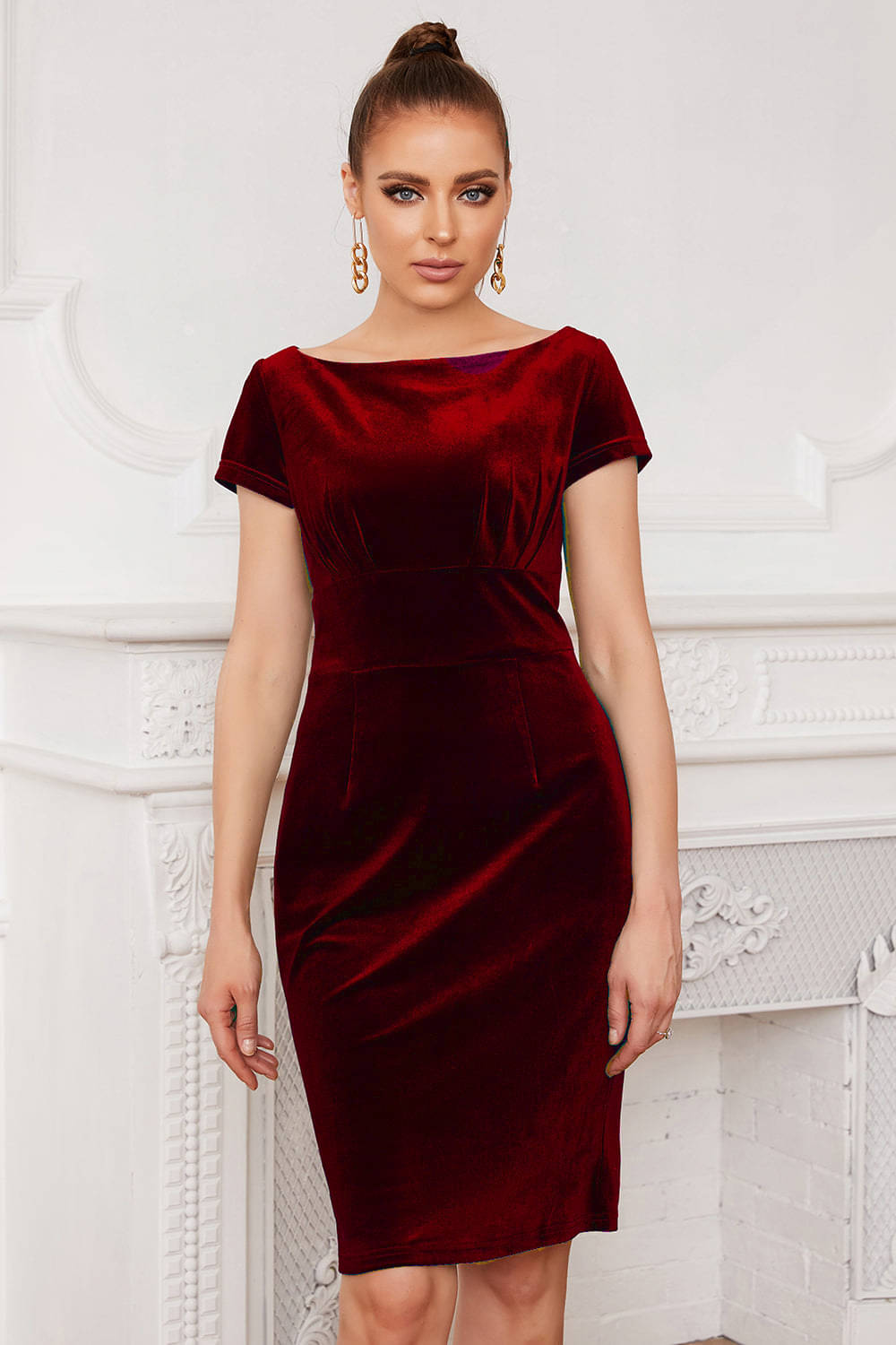     			vivient Women Velvet Solid Bodycon Dress ( Maroon )