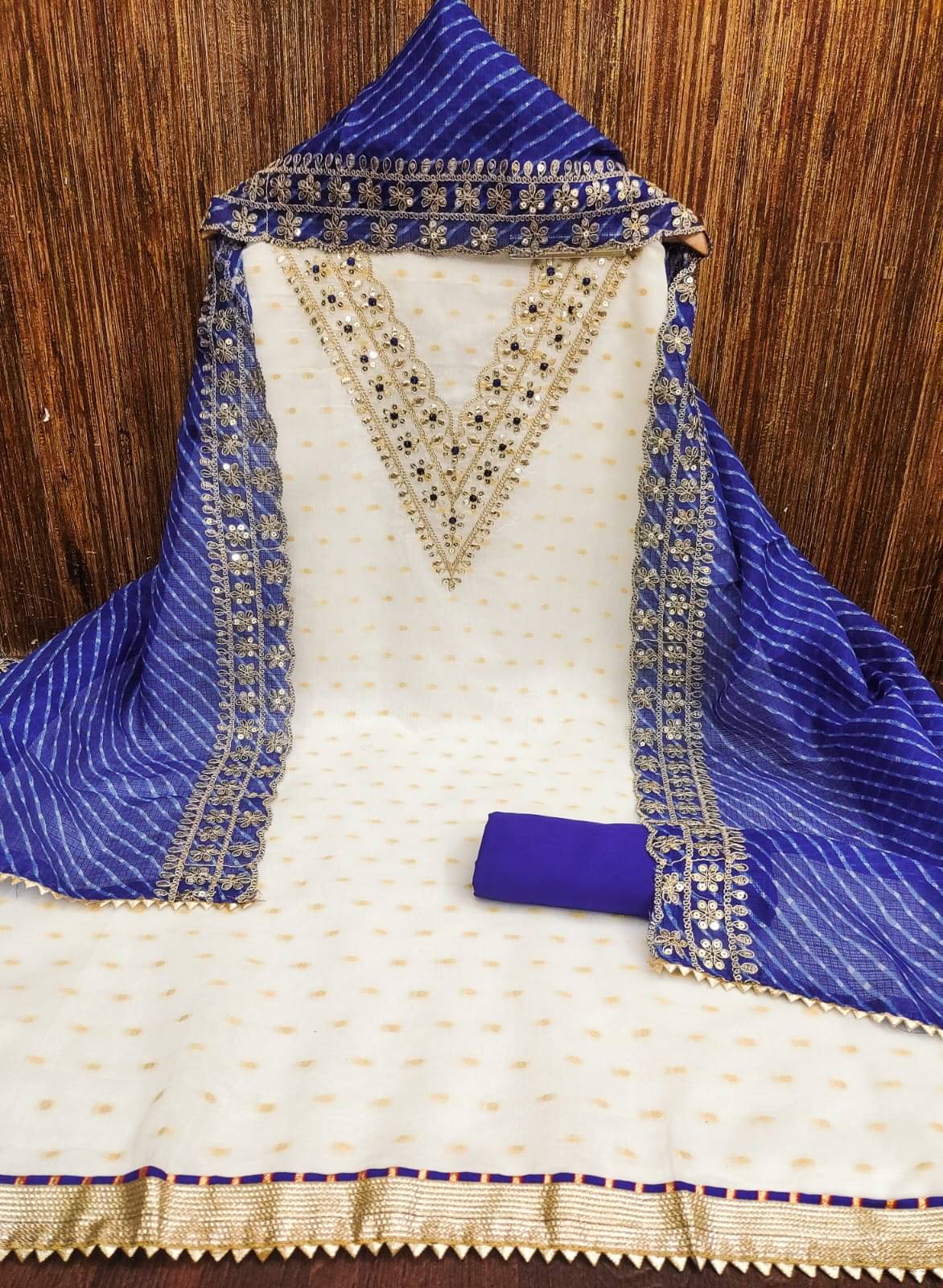 ALSHOP Unstitched Chanderi Embellished Dress Material - White,Blue ( Pack of 1 ) ALSHOP Unstitched Chanderi Embellished Dress Material - White,Blue ( Pack of 1 )
