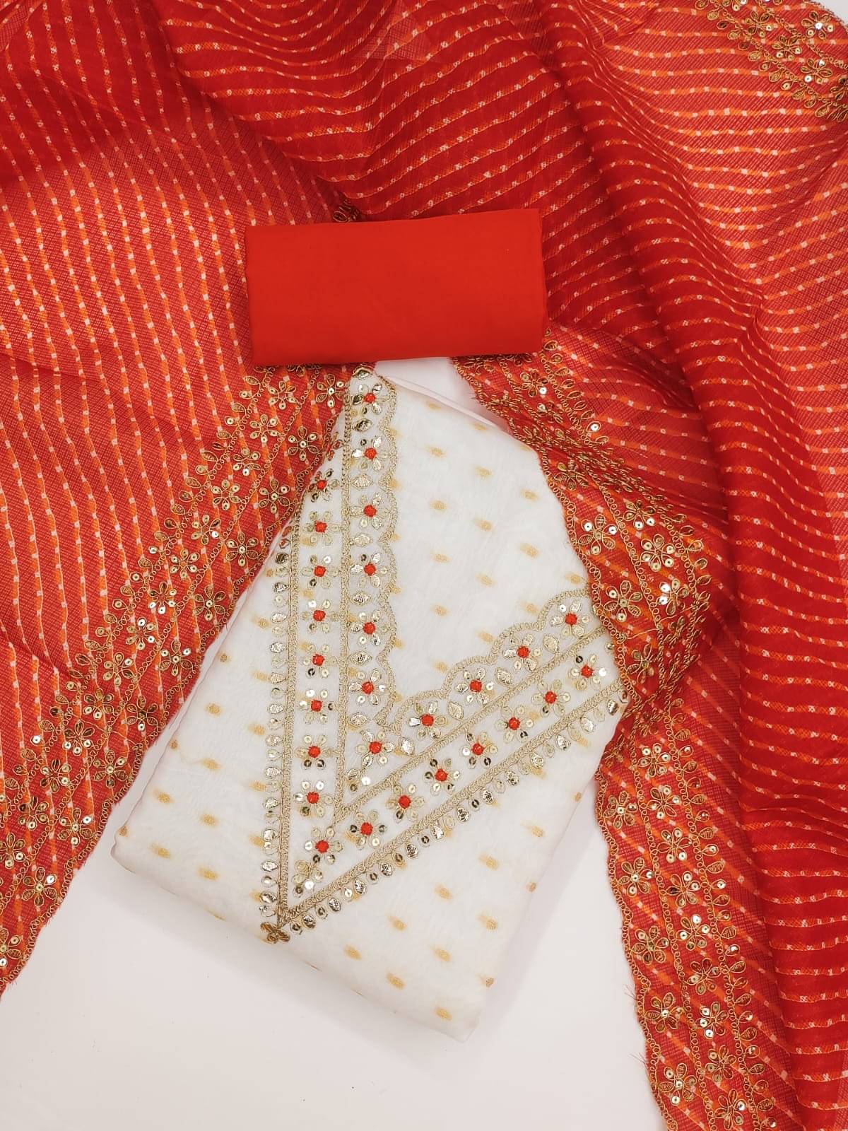 ALSHOP Unstitched Chanderi Embellished Dress Material - White,Orange ( Pack of 1 ) ALSHOP Unstitched Chanderi Embellished Dress Material - White,Orange ( Pack of 1 )