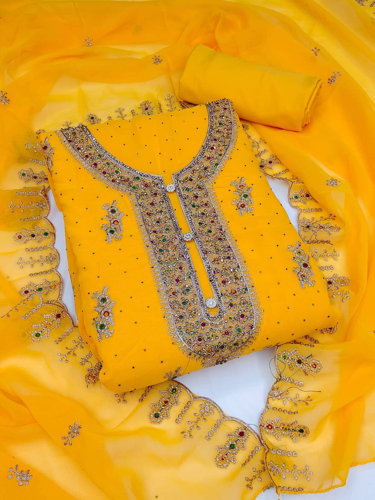 ALSHOP Unstitched Georgette Embellished Dress Material - Yellow ( Pack of 1 ) ALSHOP Unstitched Georgette Embellished Dress Material - Yellow ( Pack of 1 )