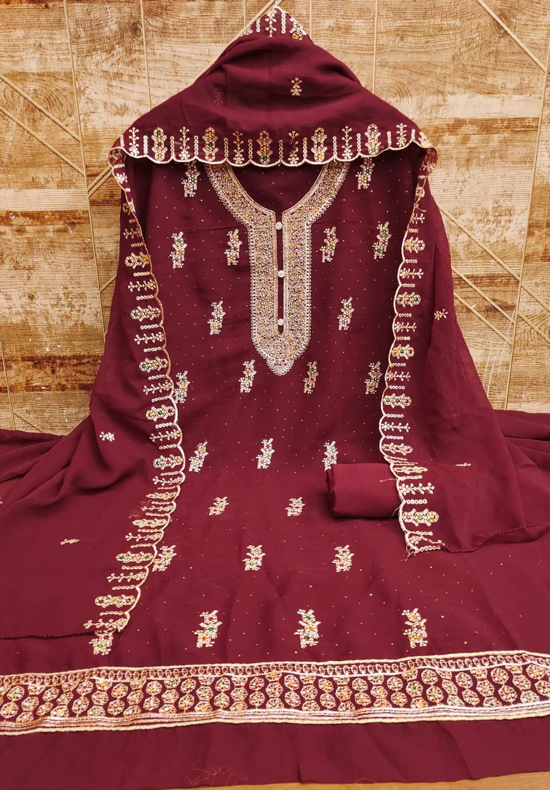     			ALSHOP Unstitched Georgette Embellished Dress Material - Maroon ( Pack of 1 )
