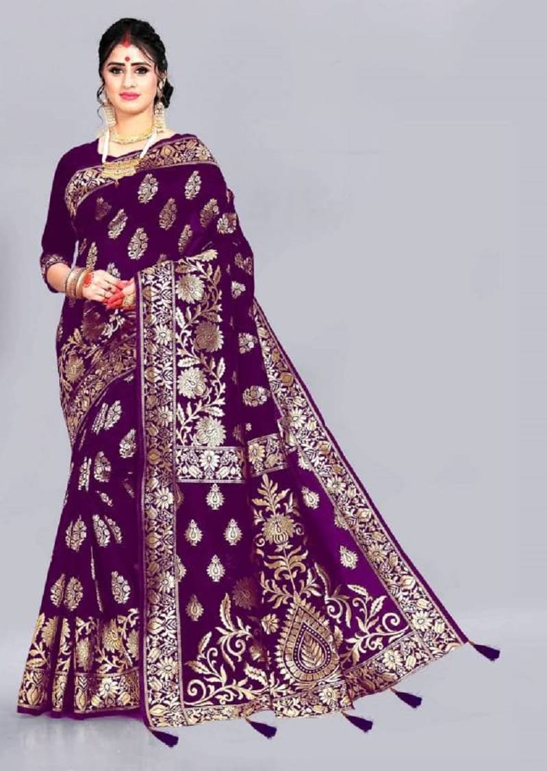     			Any Fab Banarasi Silk Woven Saree With Unstitched Blouse Piece ( Purple )