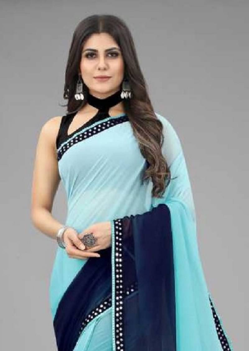 Any Fab Georgette Embroidered Saree With Unstitched Blouse Piece ( Blue )     			Any Fab Georgette Embroidered Saree With Unstitched Blouse Piece ( Blue )