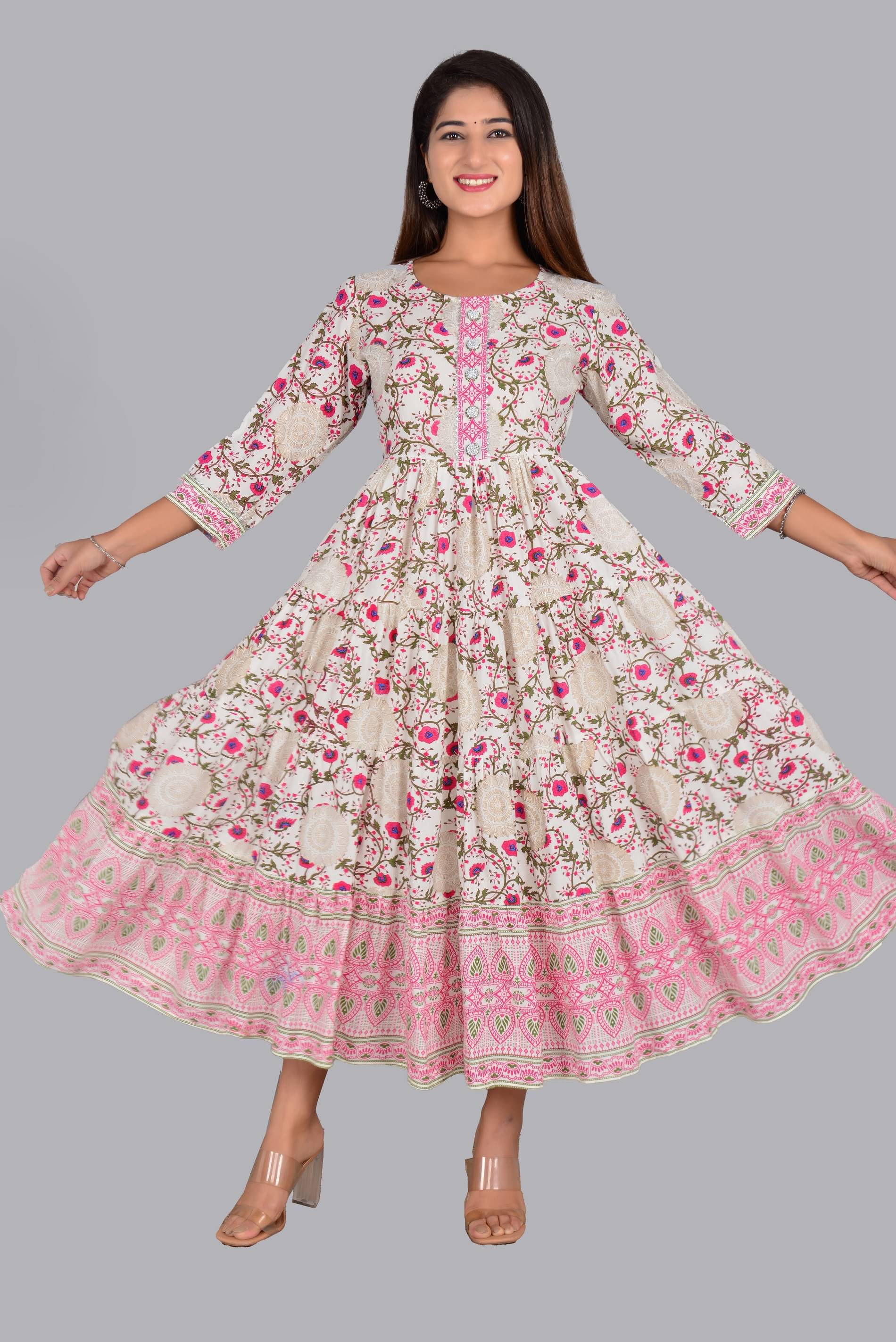 Aurelisa Rayon Printed Anarkali Women's Kurti - Pink ( Pack of 1 ) Aurelisa Rayon Printed Anarkali Women's Kurti - Pink ( Pack of 1 )