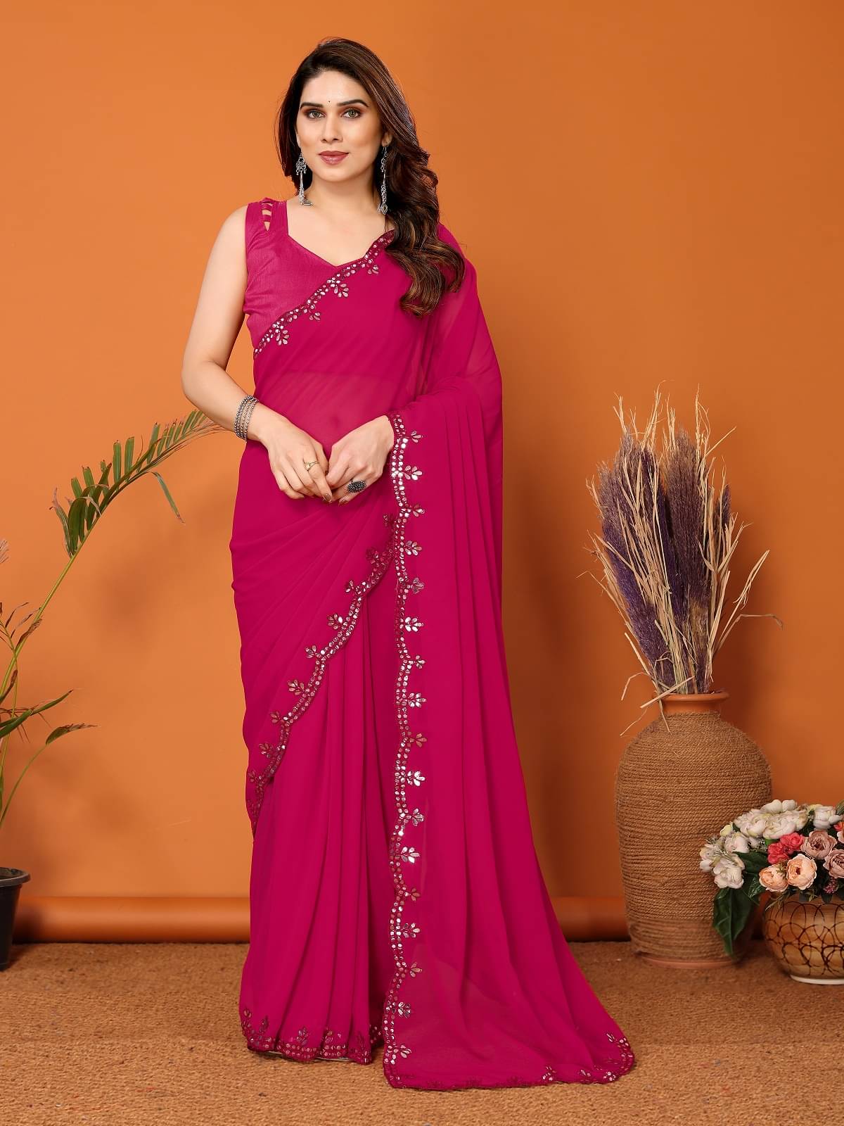     			Gazal Fashions Georgette Embroidered Saree With Unstitched Blouse Piece ( Pink )