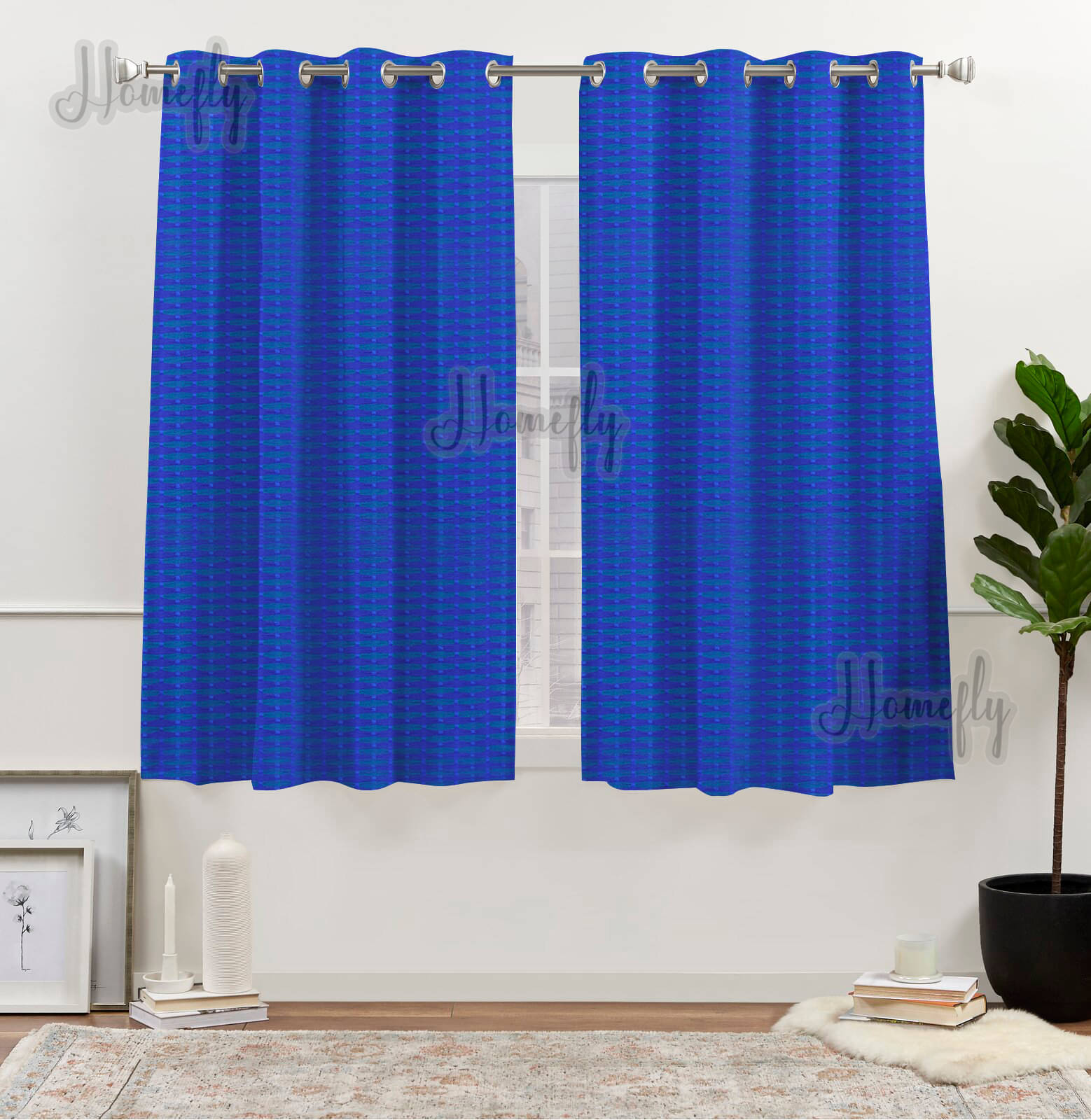     			HOMEFLY Horizontal Striped Room Darkening Eyelet Curtain 5 ft ( Pack of 2 ) - Blue