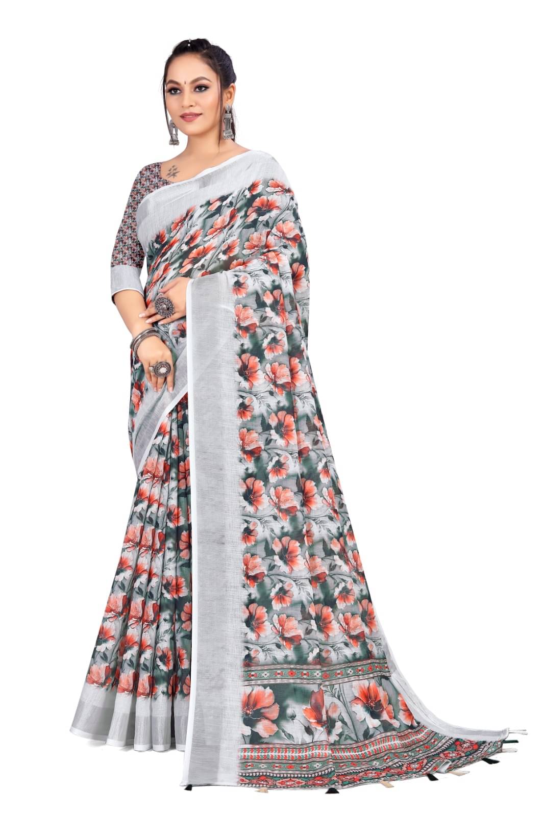     			INDIAN SILKS Linen Embroidered Saree With Unstitched Blouse Piece ( Red )