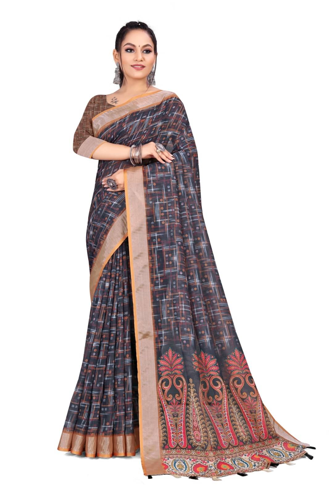 INDIAN SILKS Linen Embroidered Saree With Unstitched Blouse Piece ( Black ) INDIAN SILKS Linen Embroidered Saree With Unstitched Blouse Piece ( Black )